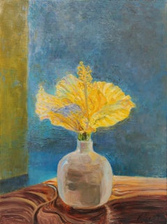 Luce mattutina su ibisco giallo quadro floreale contemporaneo