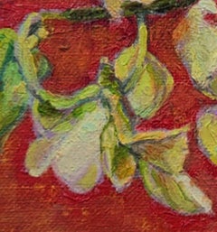 Pale Cat Orchid on Red floral still life