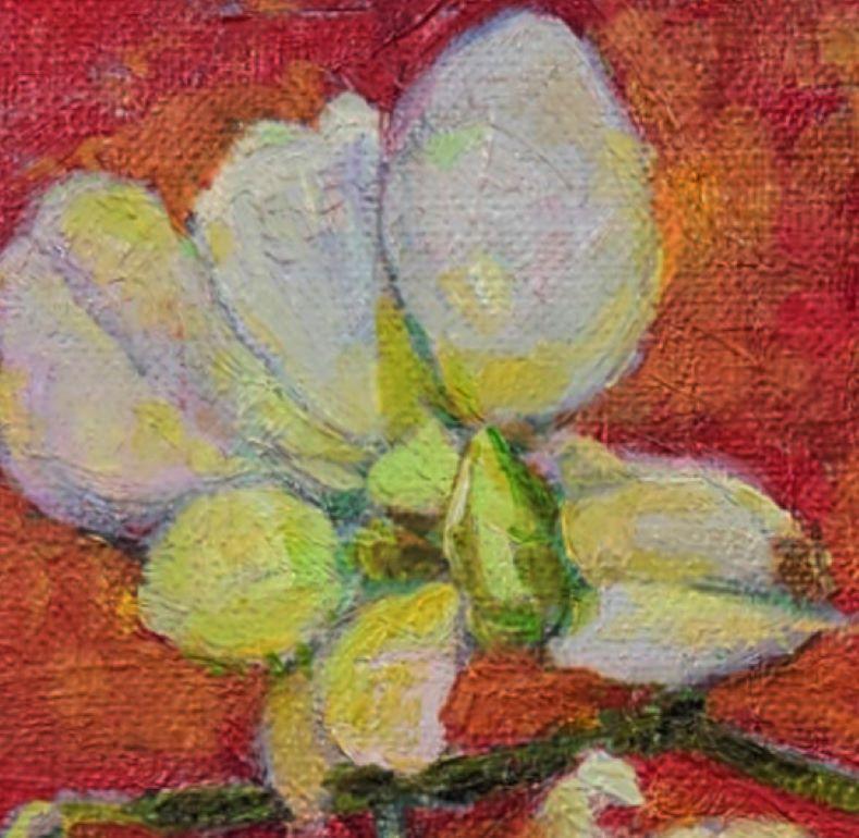 Pale Cat Orchid on Red floral still life explores the many subtleties of hue found on pale, nearly white, Catasetum Orchid flowers. Descriptive brushstrokes shape cheerful petals, discovering many hints of soft color amid touches of green, all in