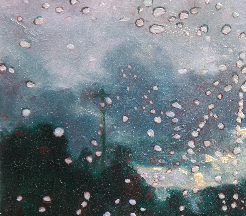 Drops of rain reflect bright lights and dot the stormy
sky of a rainy day. The windshield highlights the contrast of an intimate
experience within to the effect of the elements outside, evoking the
comforting experience of chrysalism. The brushwork