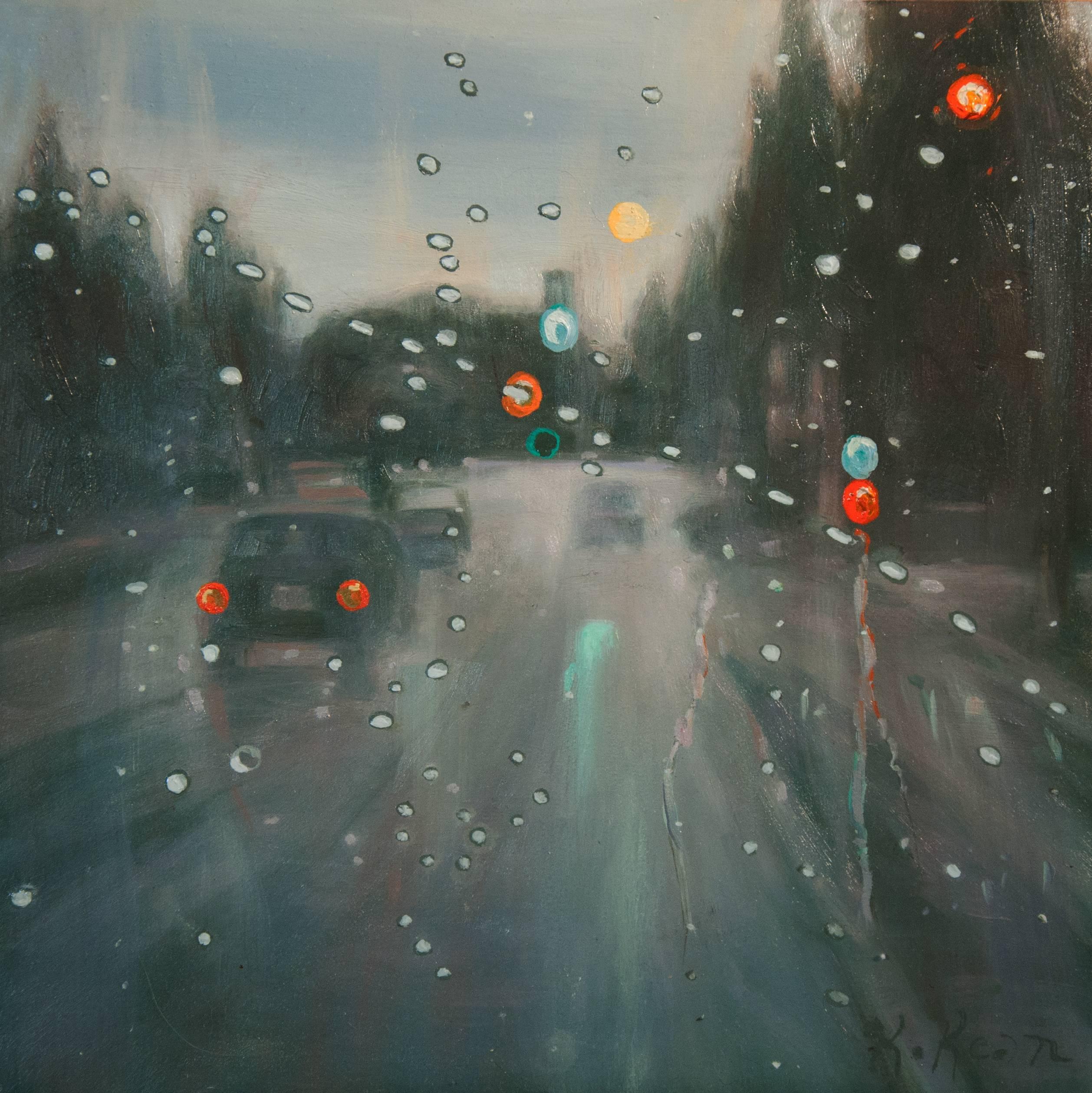 Paysage impressionniste à pois de pluie  - Painting de Katherine Kean