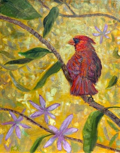 Red Cardinal, Violet Petals, Golden Light contemporary study