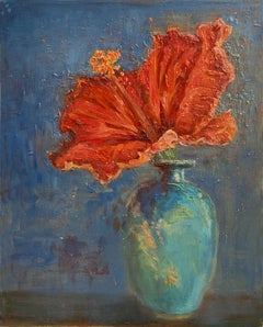 Red Hibiscus in Teal Vase