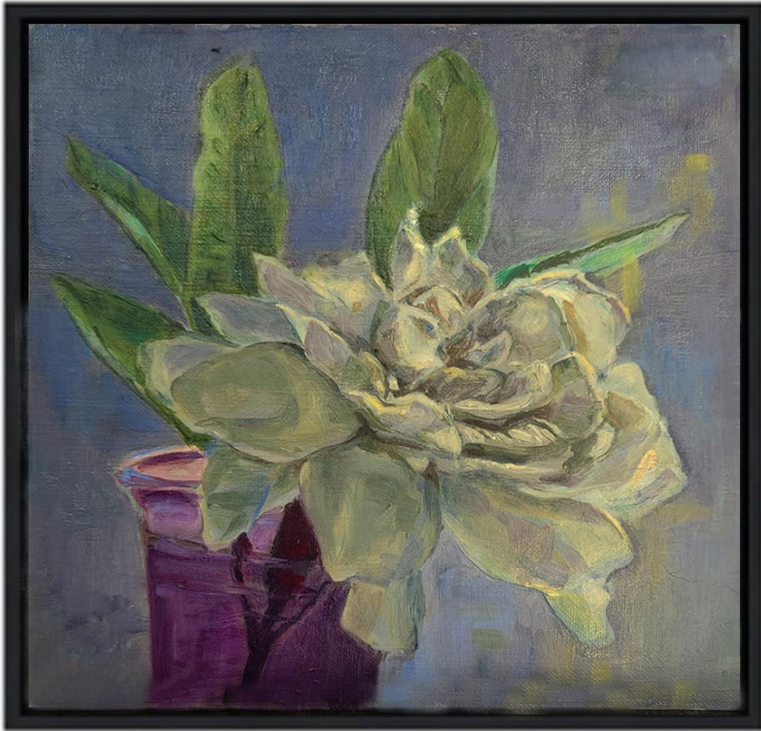 Shadowed Gardenia contemporary floral still life - Contemporary Painting by Katherine Kean