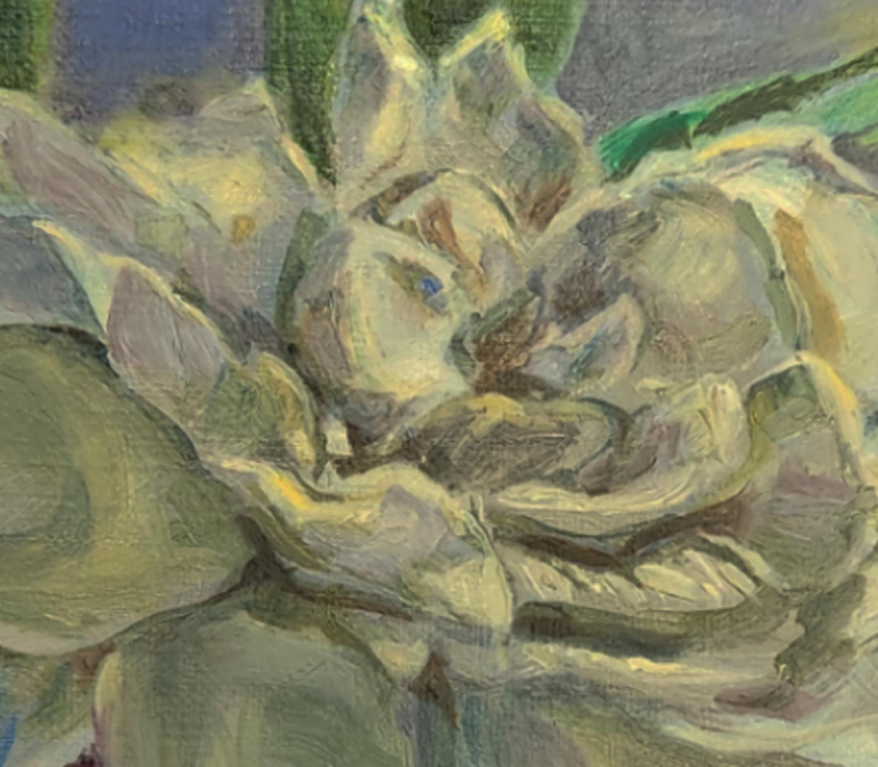 Shadowed Gardenia contemporary floral still life - Gray Still-Life Painting by Katherine Kean