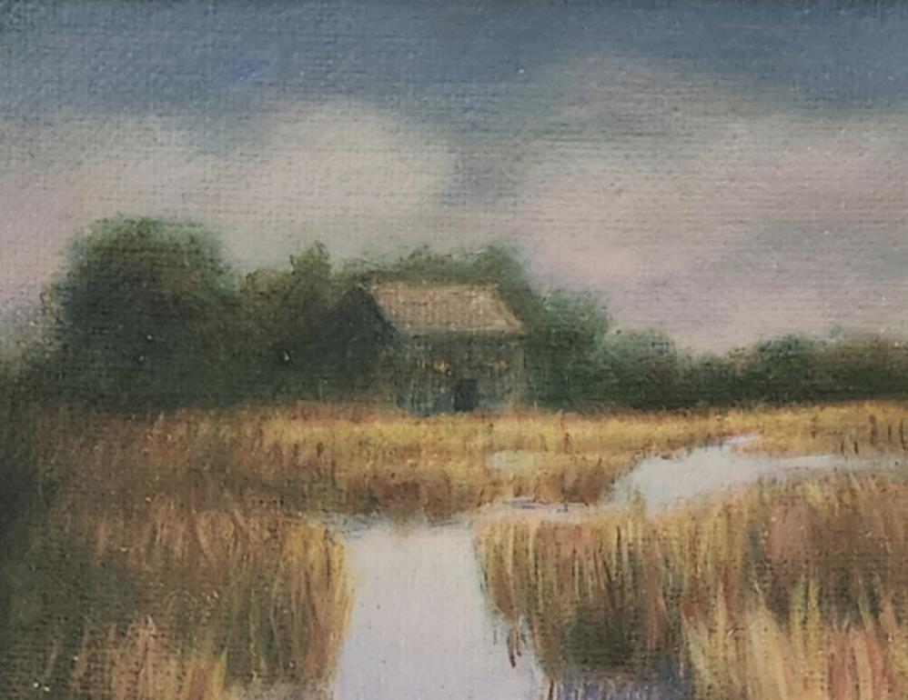 Pequeña casa en el Gran Pantano pintura de paisaje contemporáneo - Landscape Painting Negro de Katherine Kean