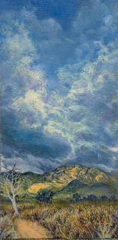 Nubes de tormenta sobre un sendero de montaña pintura de paisaje contemporáneo