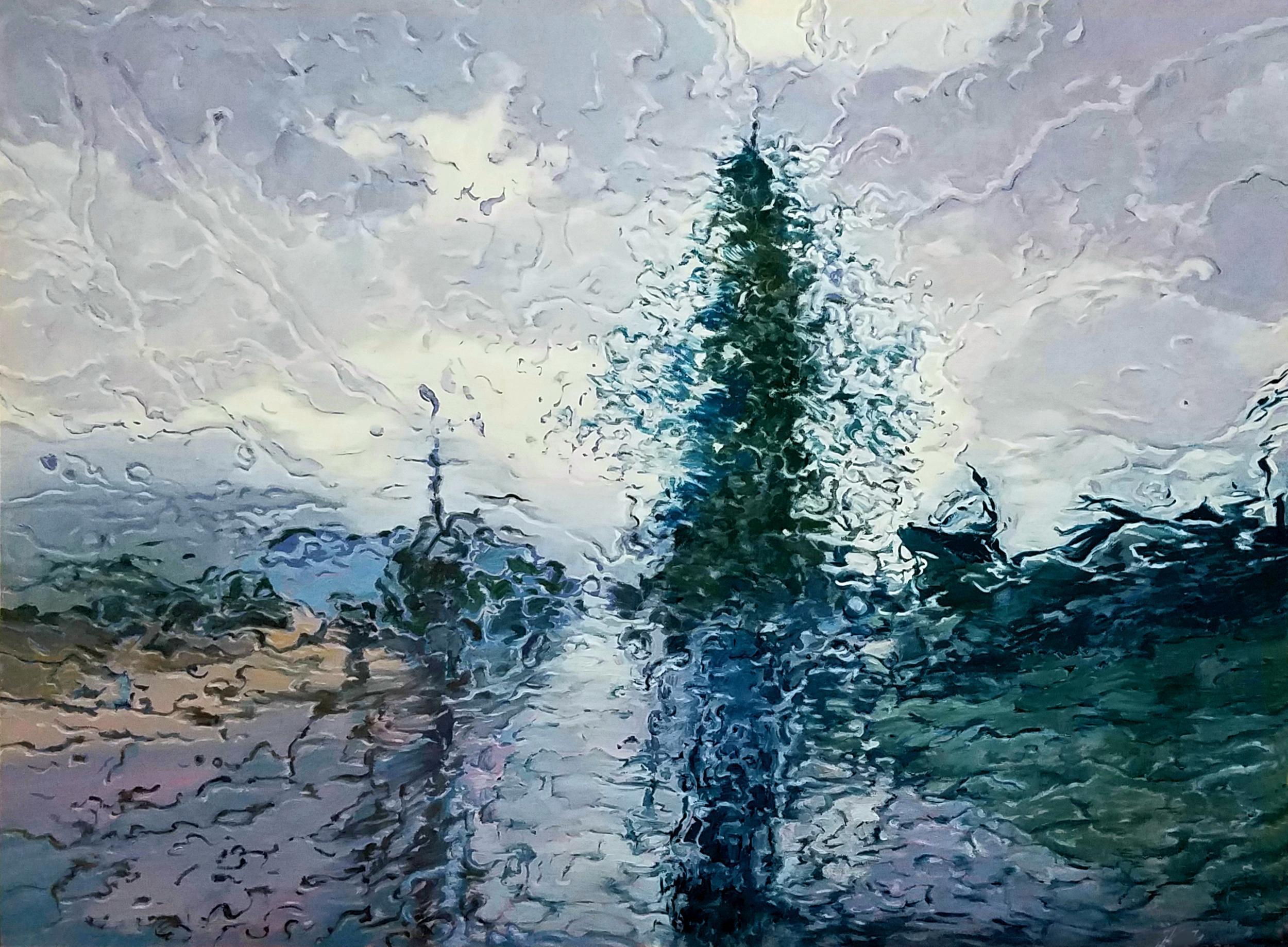 Ancien arbre de rue dans un paysage impressionniste de Deluge - Painting de Katherine Kean