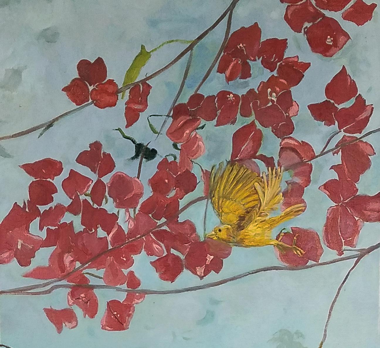Two Saffron Finches and Bougainvillea contemporary animal floral painting - Painting by Katherine Kean