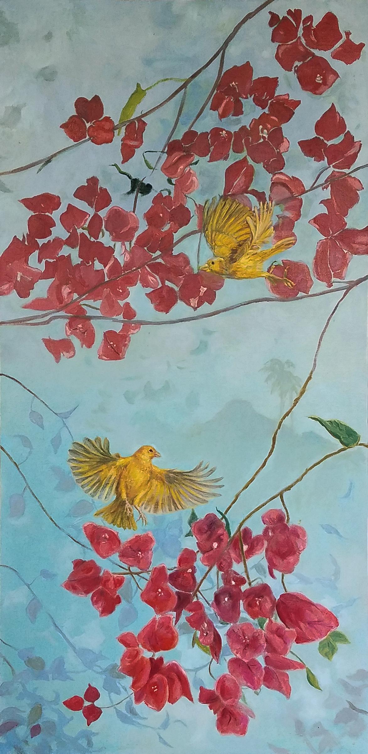 Katherine Kean Animal Painting - Two Saffron Finches and Bougainvillea contemporary animal floral painting