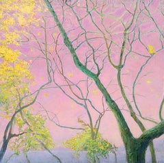 Là où les oiseaux jaunes volent dans les cieux roses triptyque paysage contemporain