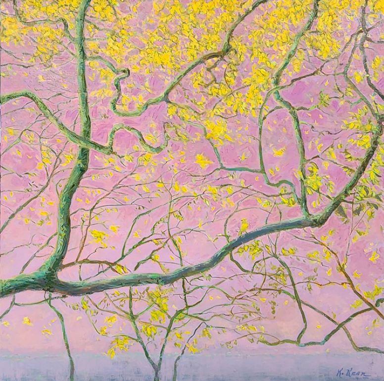 Donde vuelan pájaros amarillos sobre cielos rosas tríptico paisaje contemporáneo en venta 1
