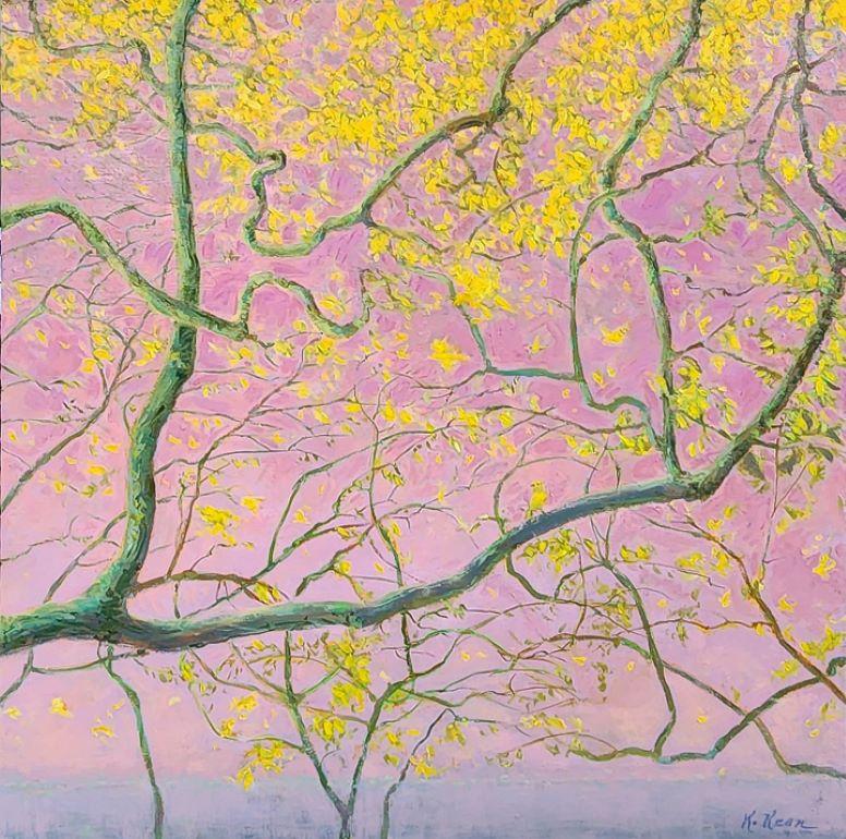 Là où les oiseaux jaunes volent dans les cieux roses triptyque paysage contemporain en vente 1