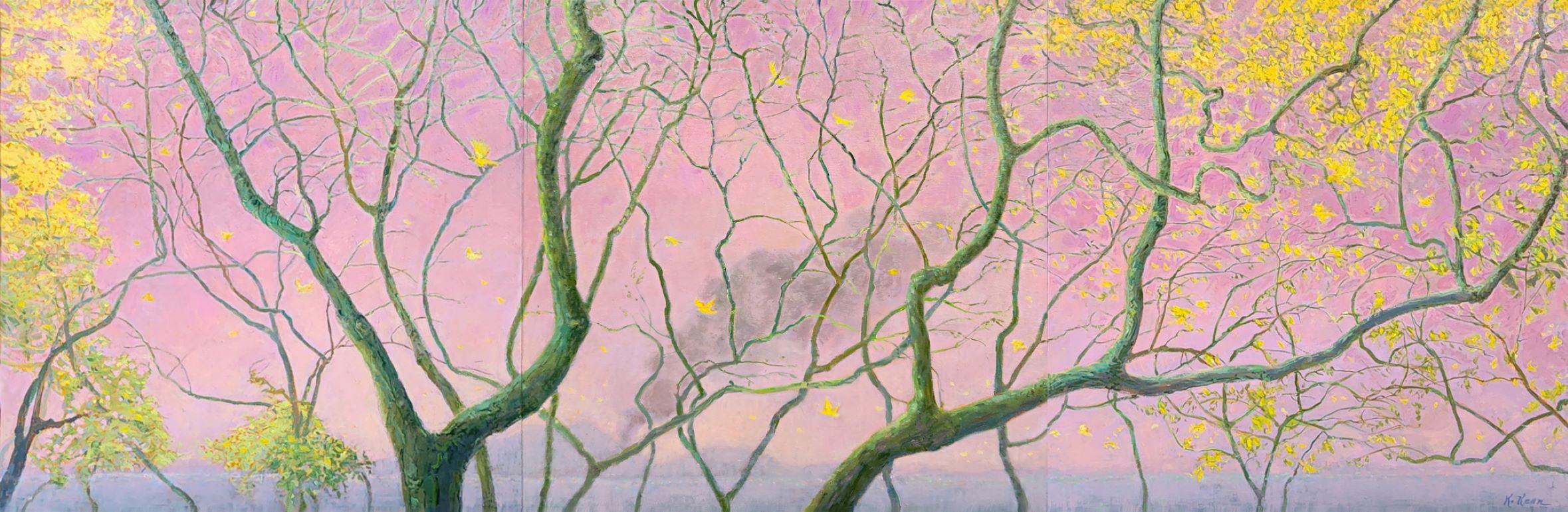 Where Yellow Birds Fly Across Pink Skies triptych contemporary landscape - Painting by Katherine Kean
