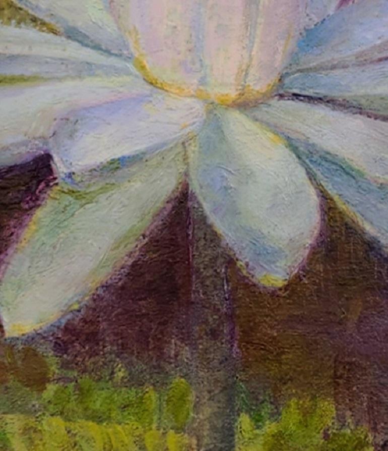 I was inspired to paint this white water lily that quietly glowed from a shady, dark spot in a pond. This painting is made in oil on a gallery wrapped linen canvas. The 1 1/2 inch edges are hand painted to coordinate with the front. It is wired with