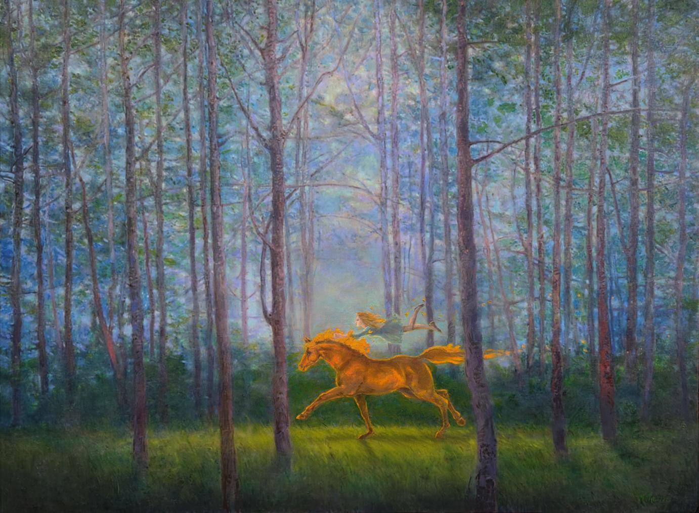 Wild Ride of the Dream Chaser contemporary surrealist painting - Painting by Katherine Kean