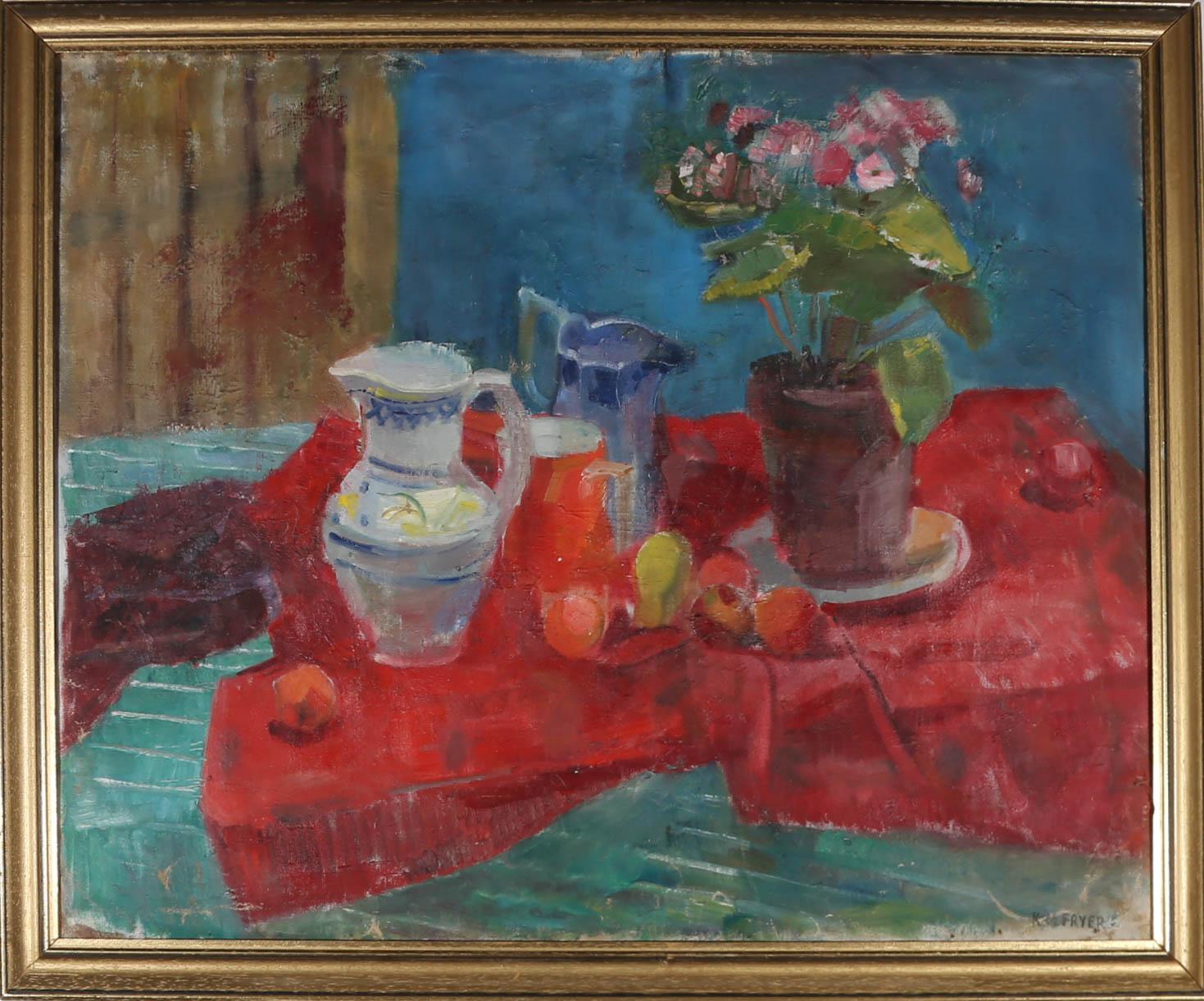 This energetically painted still life shows a colourful collection of ceramic jugs, group together alongside a potted house plant and orchard fruits. The artist has signed the artwork to the lower right-hand corner, and the oil has been well