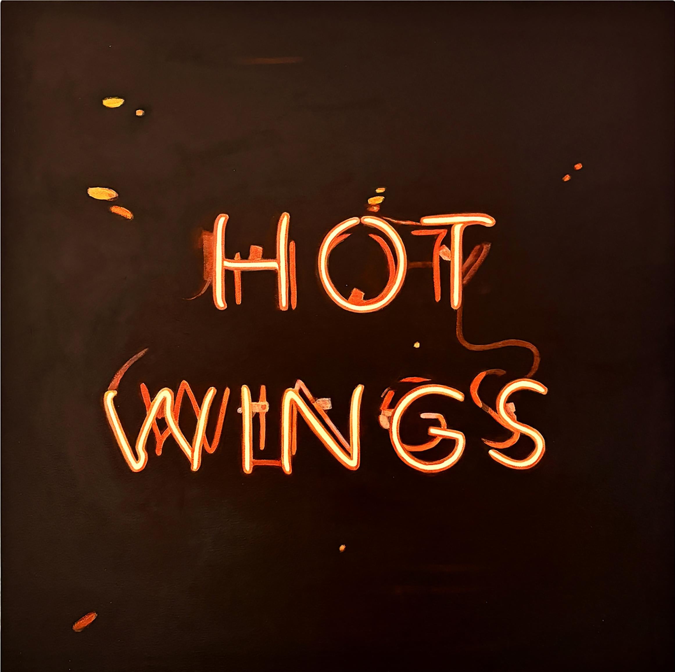 Zeitgenössisches modernistisches Neonschild Trompe L'Oeil Stillleben "Hot Wings" Gemälde