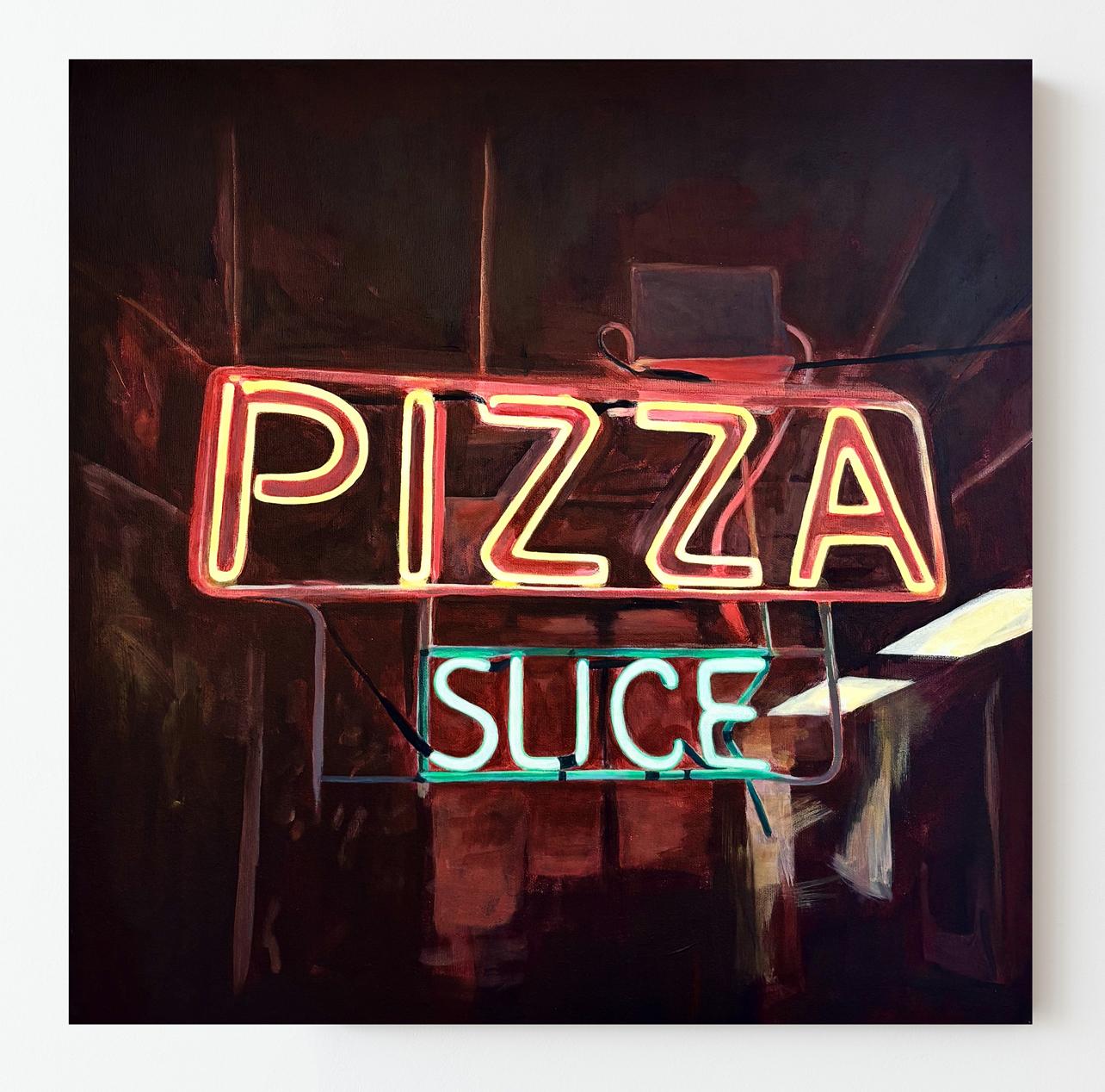 Contemporary Modernist Neon Sign Trompe L'Oeil Still Life "Pizza Slice" Painting