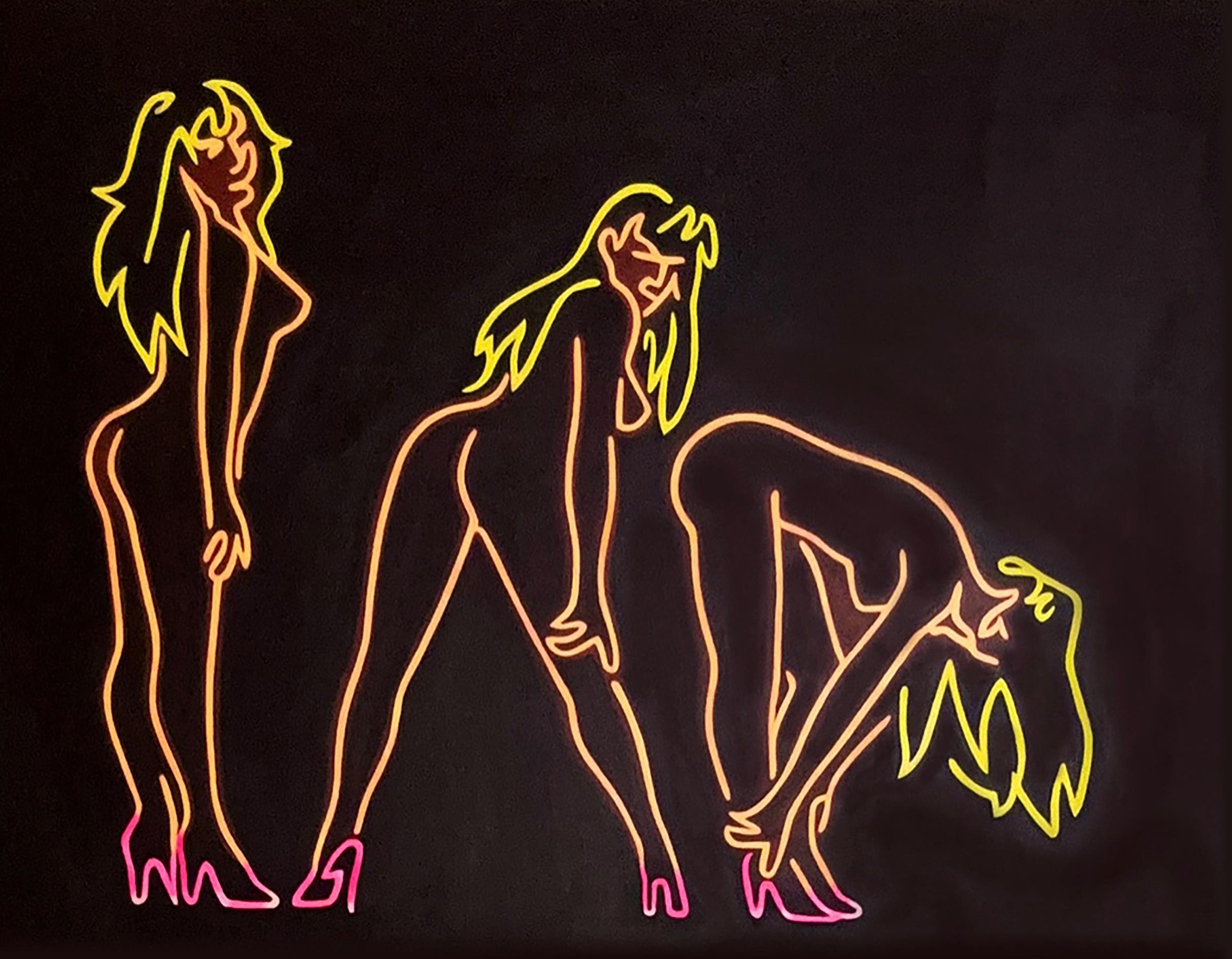 Katherine McMahon Nude Painting – Zeitgenössisches modernistisches Neonschild Trompe L'Oeil Stillleben "Drei Tänzerinnen"