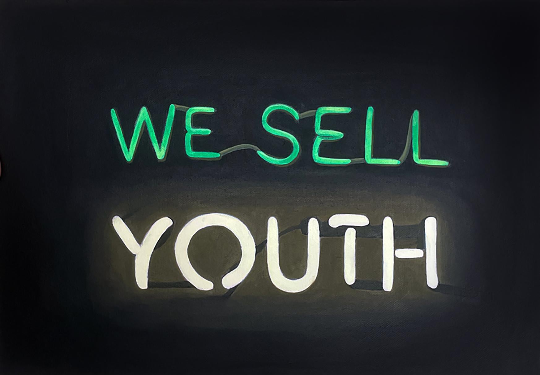 Zeitgenössisches modernistisches Neonschild Trompe L'Oeil Stillleben "Wir verkaufen Jugend"