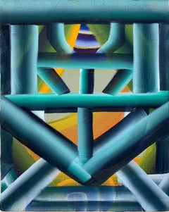 Chacun à l'autre, peinture à l'huile sur toile, motif géométrique abstrait, bleu et vert