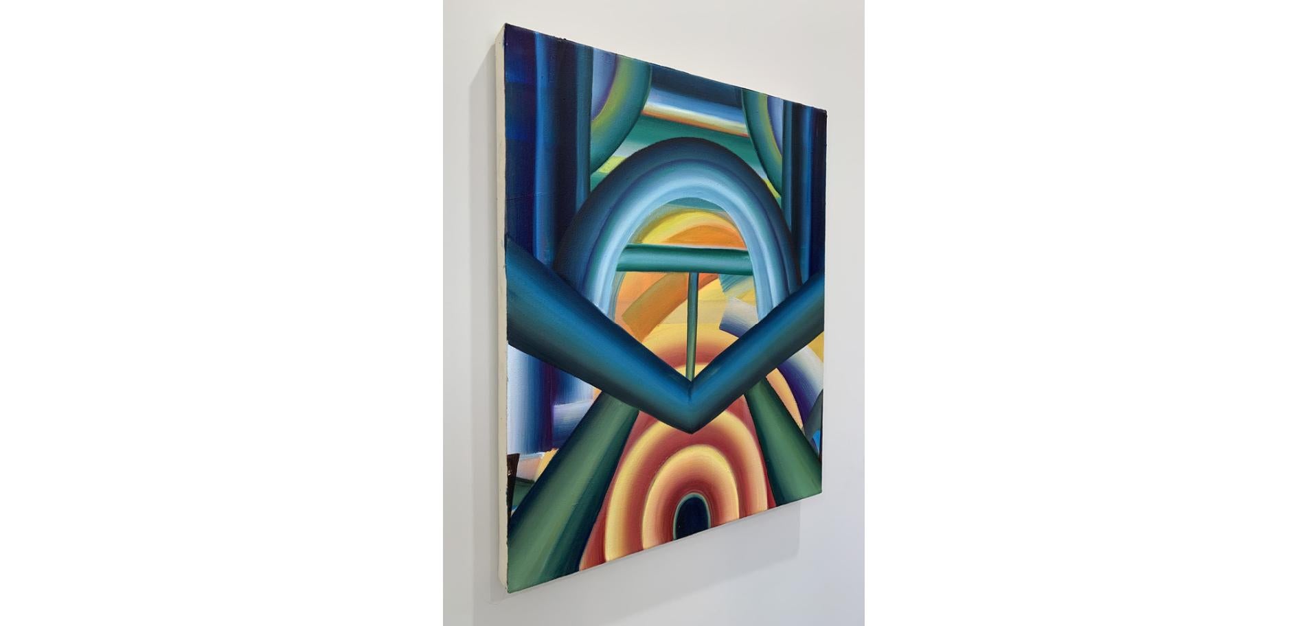 Oil on canvas, Abstract geometric pattern; minimalism; nonobjective art; golden yellow, light blue, teal, green, aqua, periwinkle, peach, orange, rust red, burgundy; geometric abstraction

Hand-signed by artist
Framing available upon
