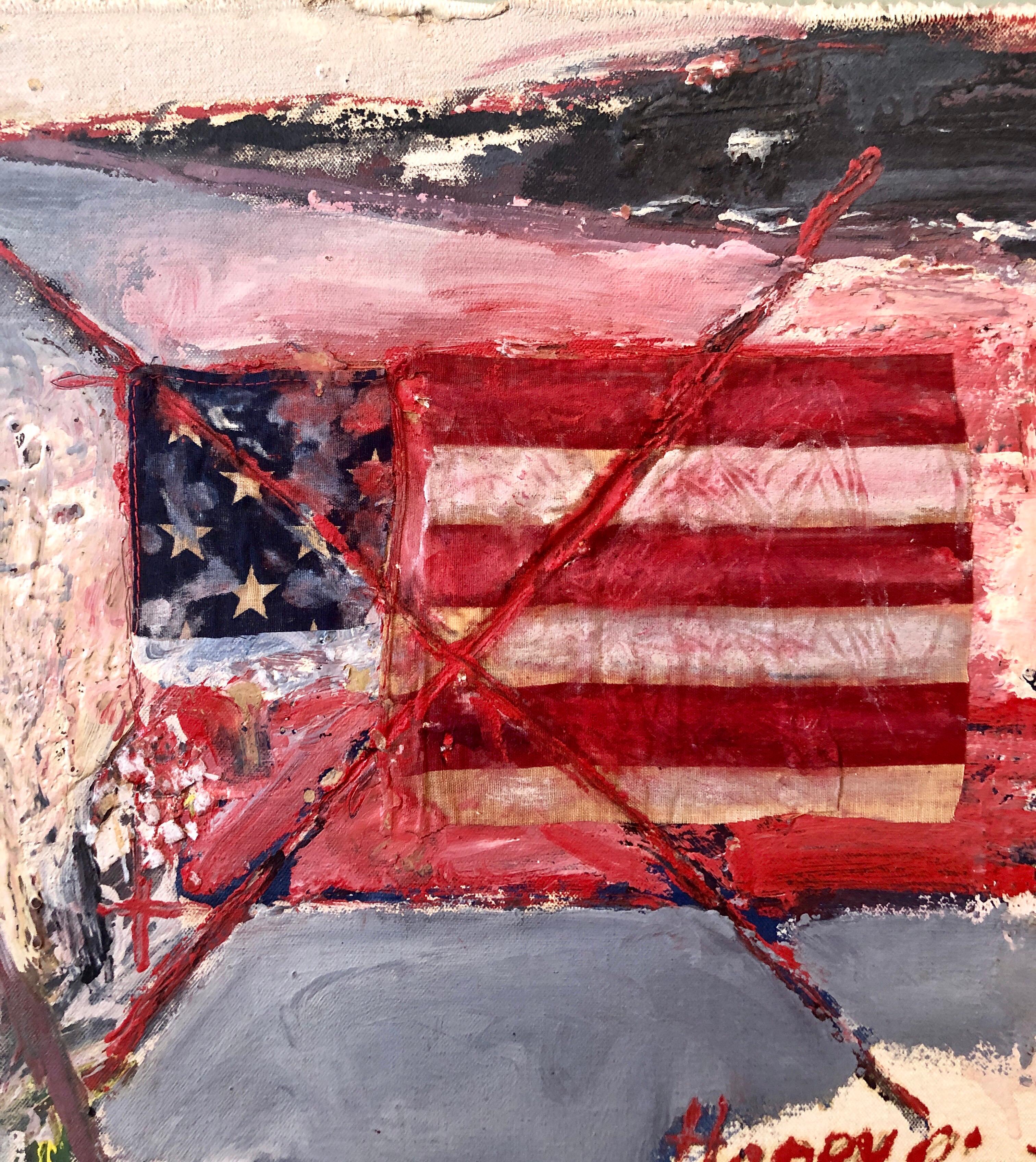 Abstract Expressionist Happy Bicentennial Baby, American Flag Collage Painting 4