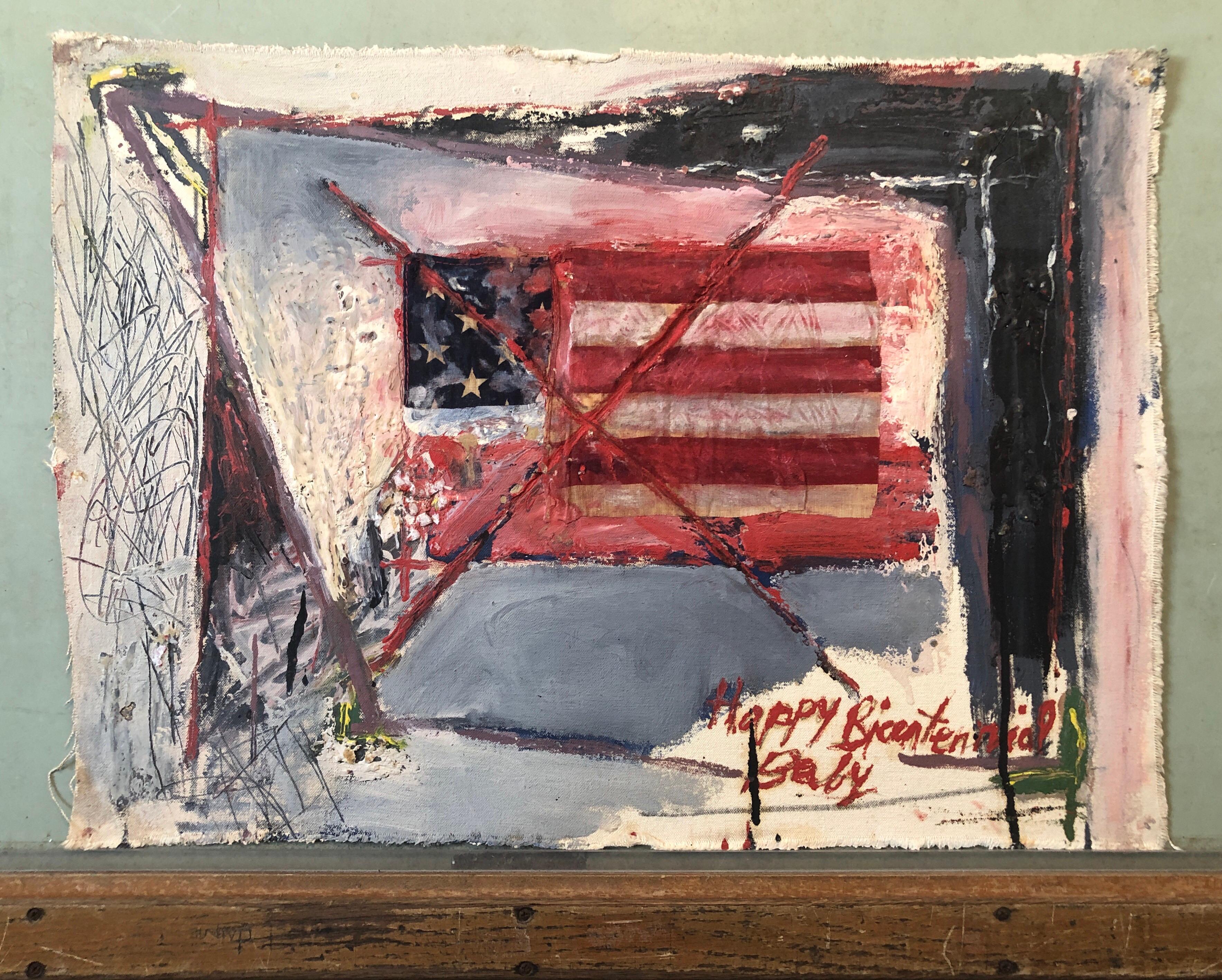 This work is an assemblage collage with oil painting and a textile red white and blue American flag over a splash of denim indigo blue. amongst other elements. Classic Americana. American Abstract Expressionism. This work does not appear to be