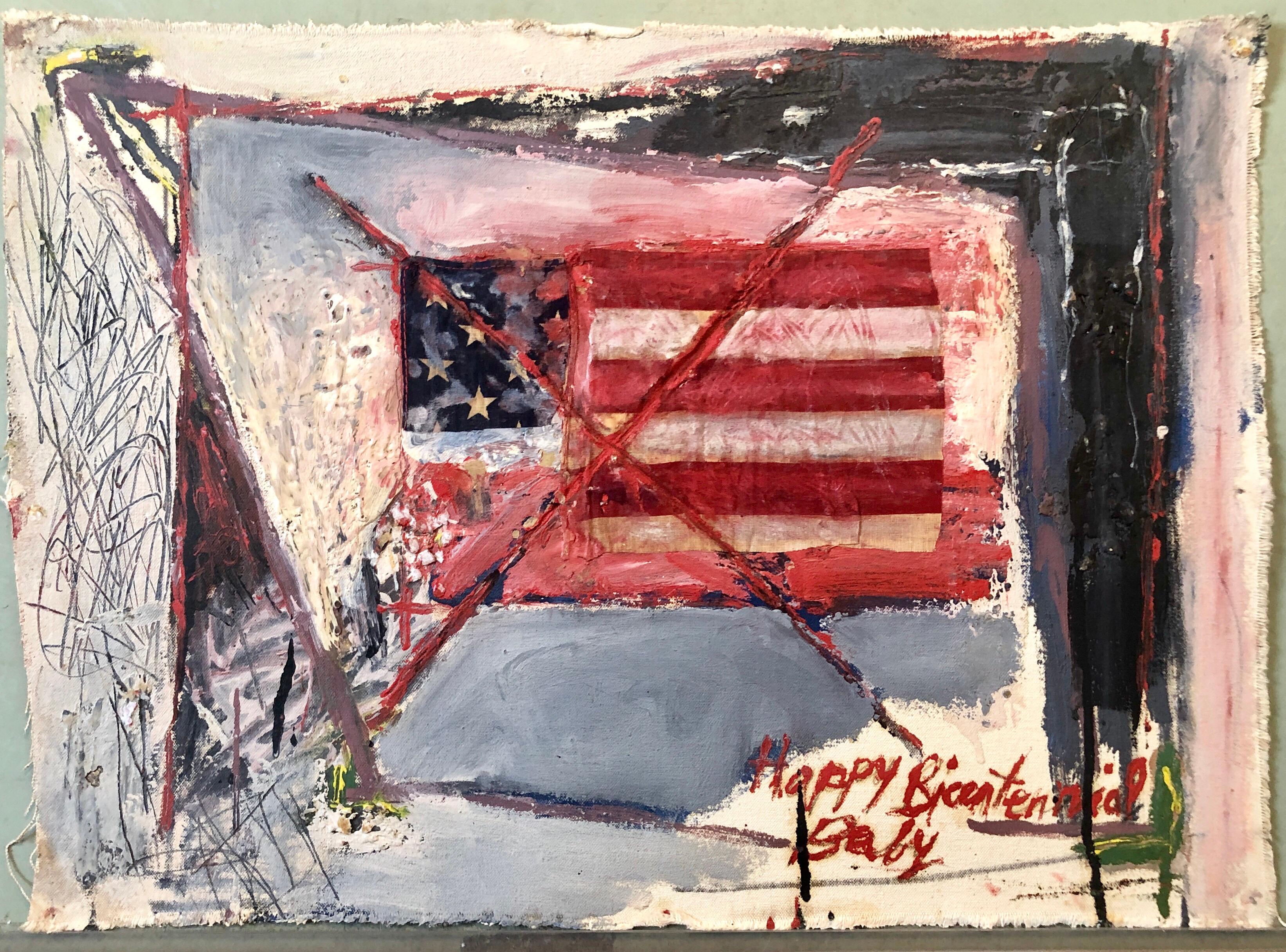 Abstract Expressionist Happy Bicentennial Baby, American Flag Collage Painting 1