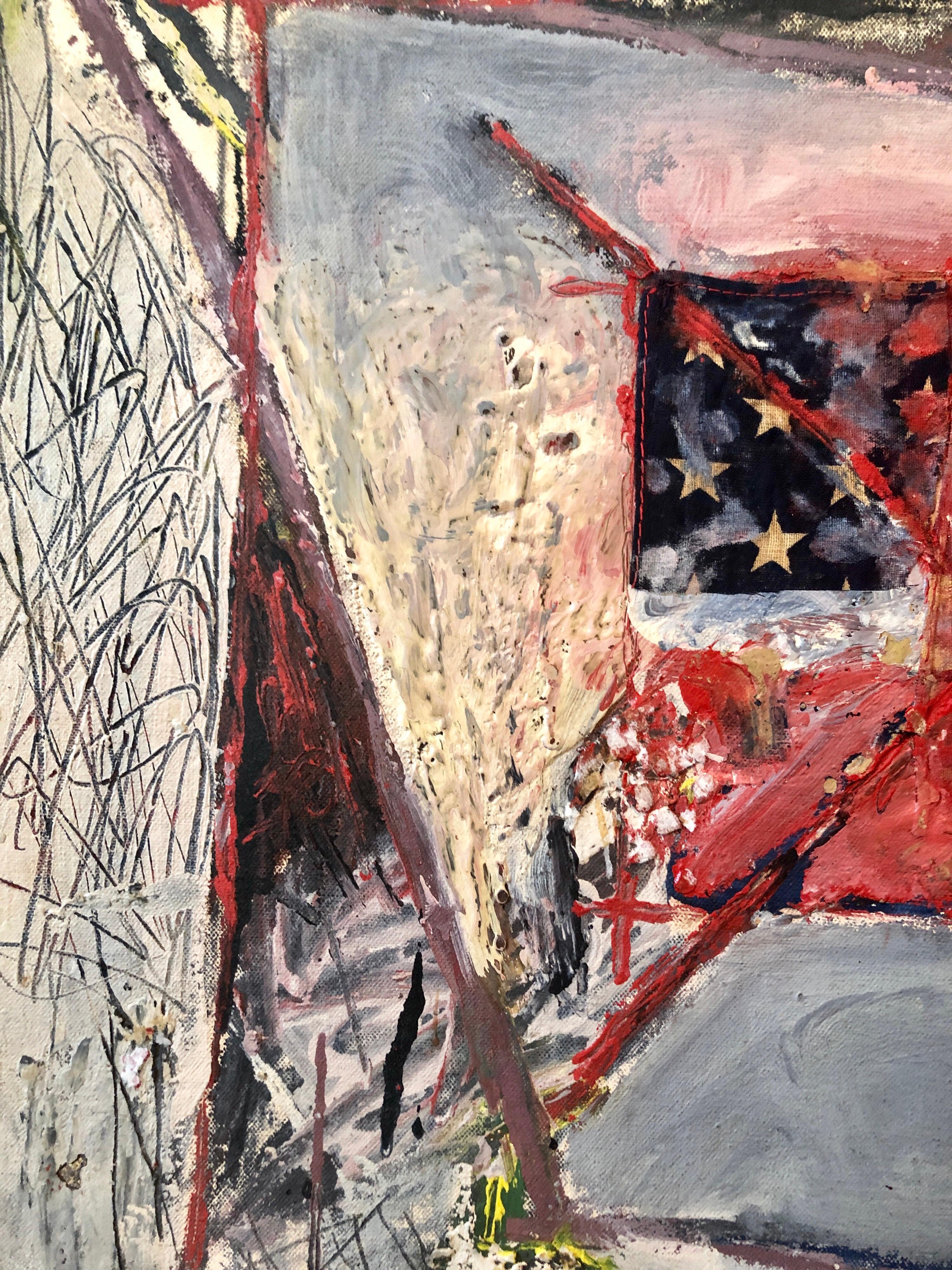 Abstract Expressionist Happy Bicentennial Baby, American Flag Collage Painting - Beige Abstract Painting by Katherine Porter
