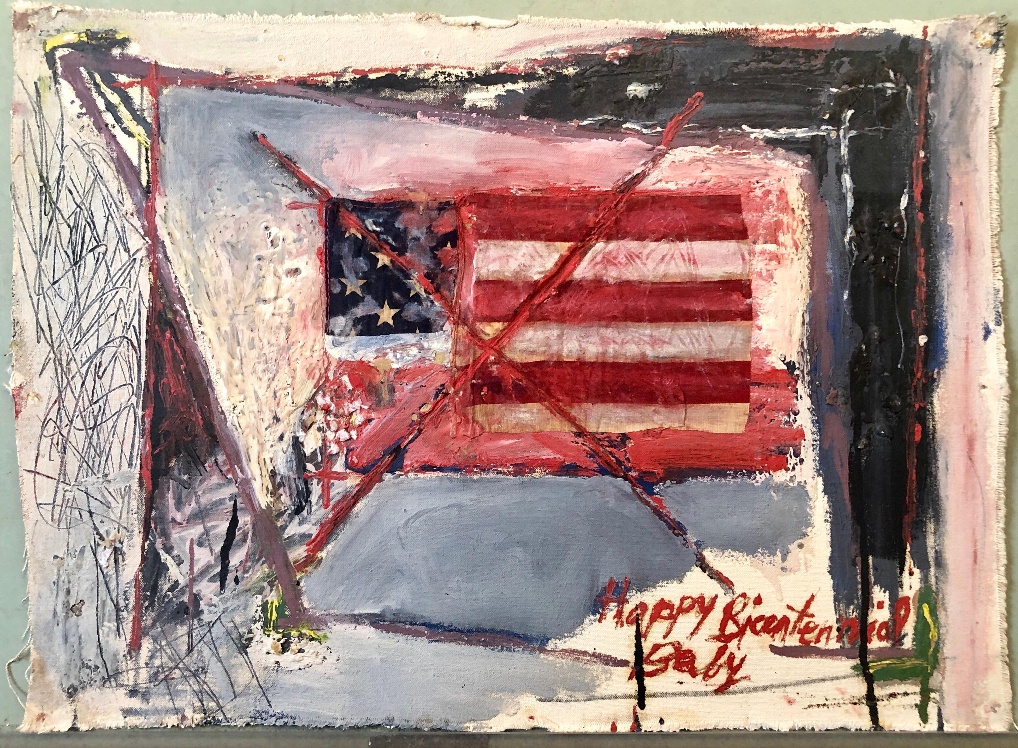Katherine Porter Abstract Painting – Abstract Expressionist Happy Bicentennial Baby, American Flag Collage Painting