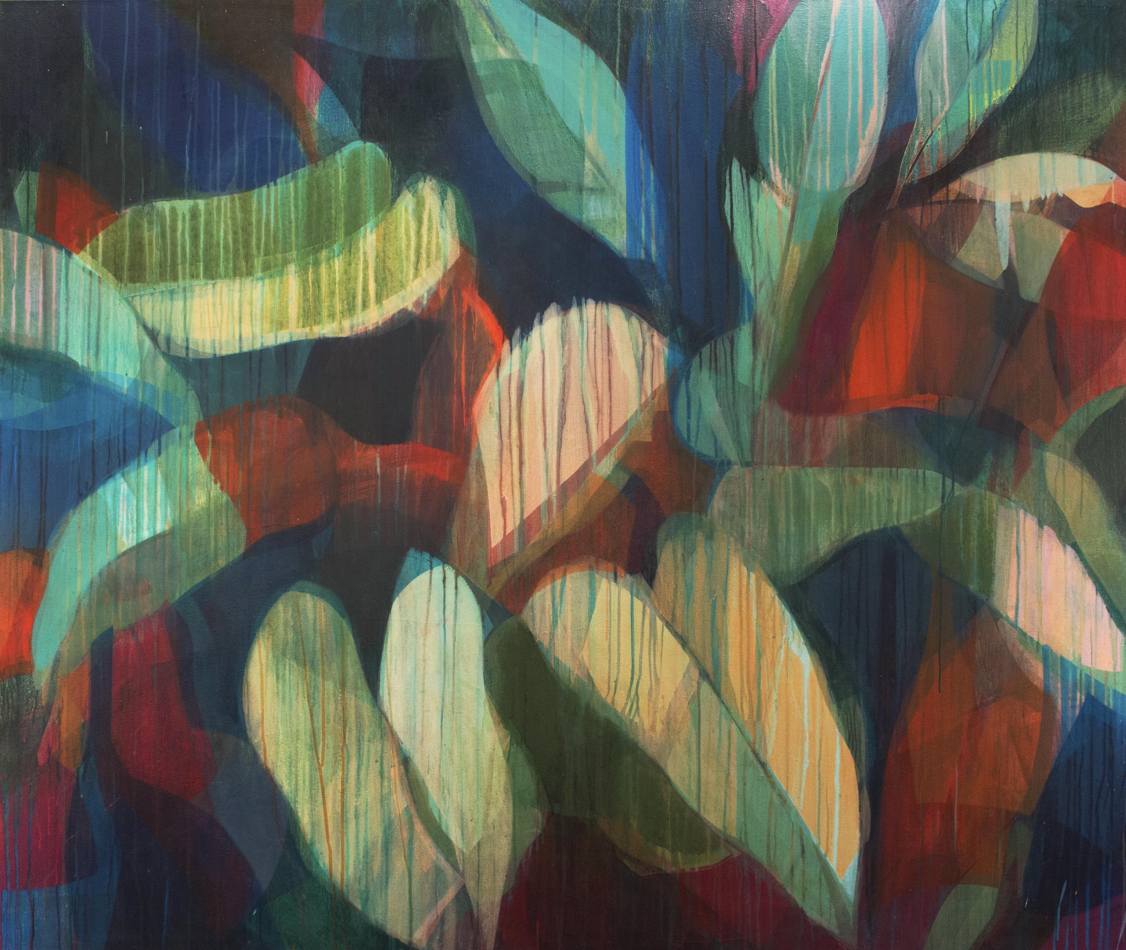 The landscape of Bermuda is the subject of this abstract painting. Inspired by the Elephant Ears plant, this abstract painting incorporates layers of blue, green and red. It is water-based media on canvas.

In 2014, Katherine Sandoz traveled to