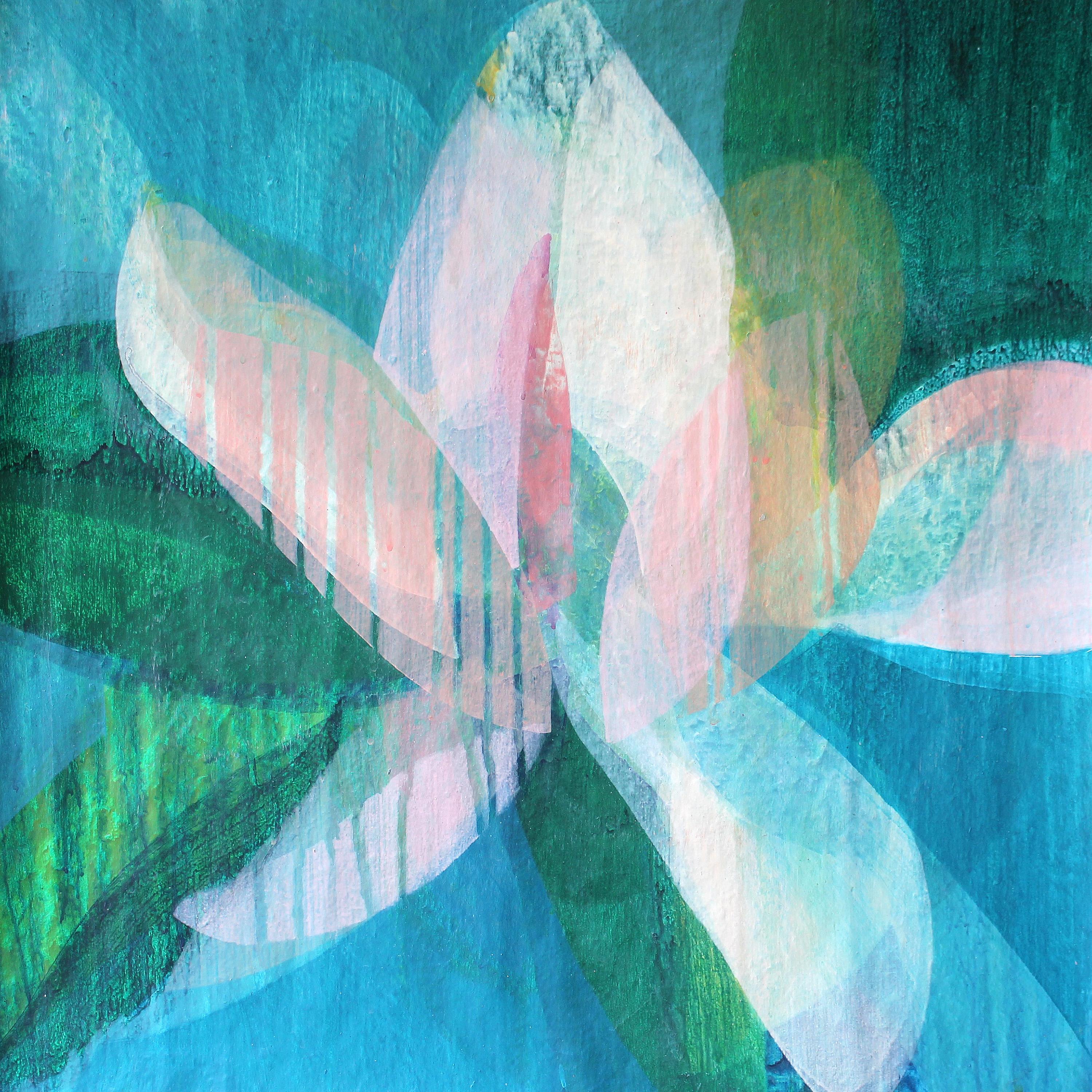Katherine Sandoz Abstract Painting - "(Magnolia II) Maya Blue" - Colorful Abstract Botanical Painting - Frankenthaler