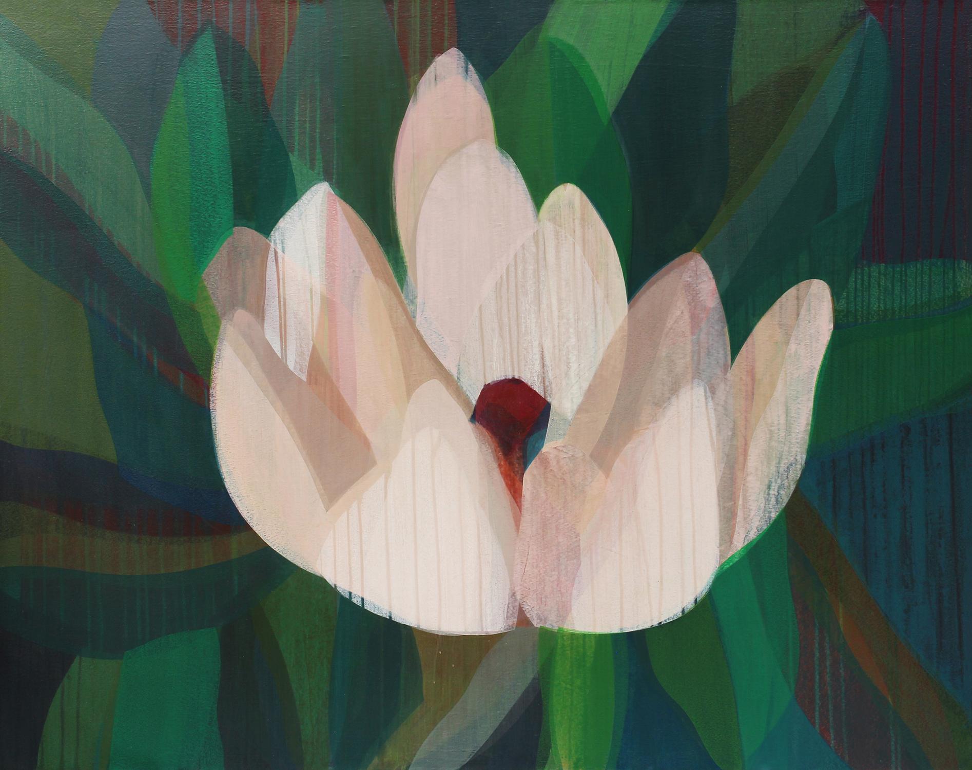 Katherine Sandoz Abstract Painting - "(Magnolia) Maroon Navy" - Colorful Abstract Botanical Painting - Frankenthaler