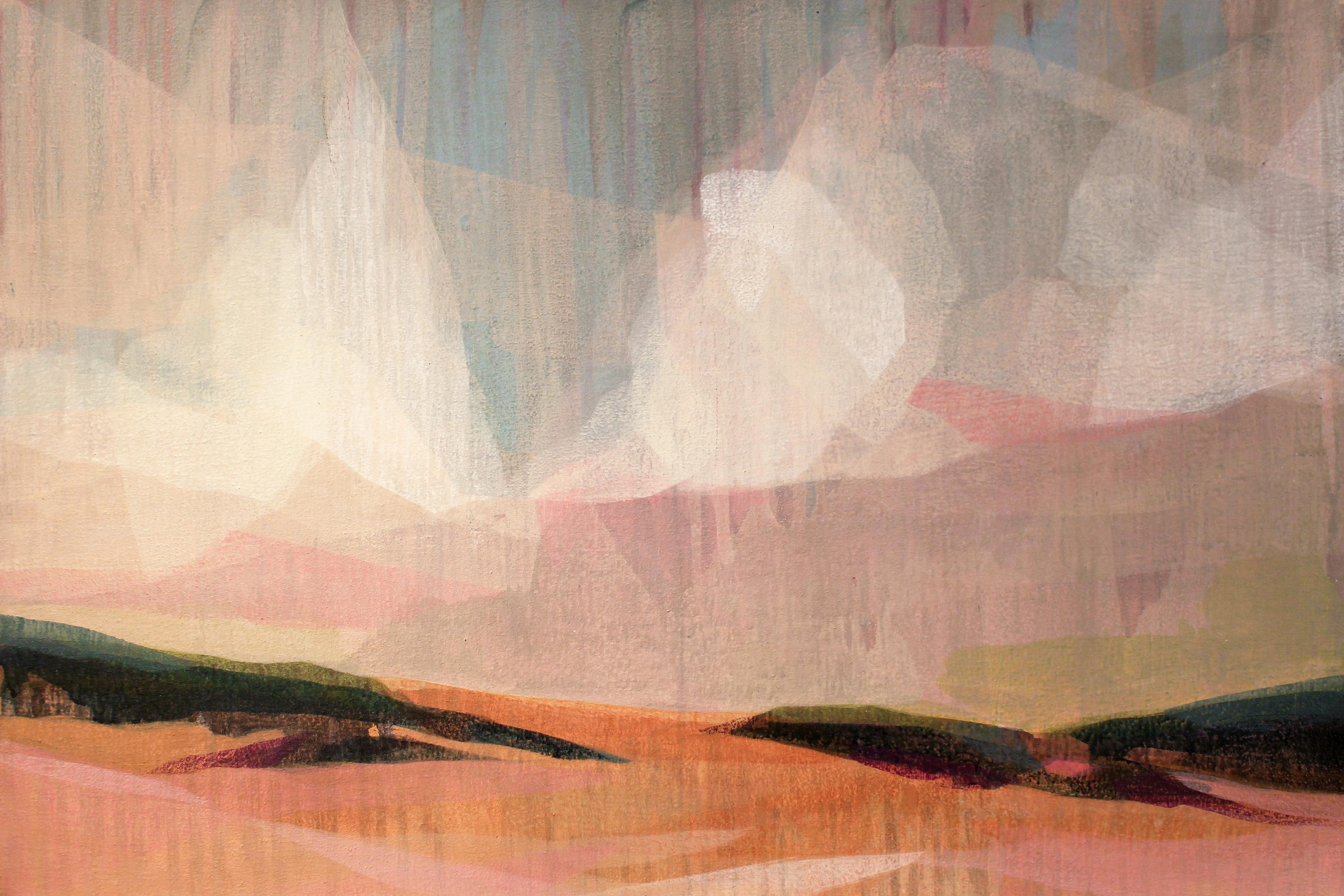 Katherine Sandoz Landscape Painting - "(sequoia) surfers' clouds pink" - abstract landscape - marsh - Diebenkorn