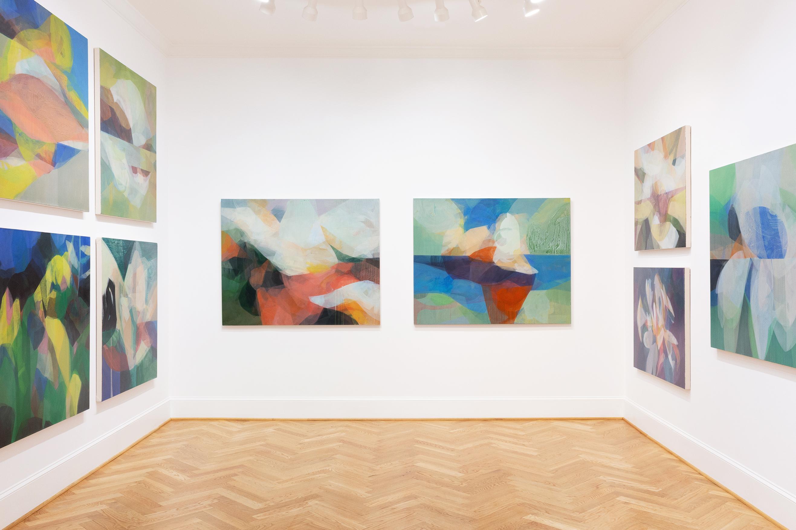 This painting is an abstract landscape on canvas featuring pink, green, white, purple and yellow.

Katherine Sandoz is inspired by the work of Helen Frankenthaler, Richard Diebenkorn, Morris Louis, Vincent Van Gogh, Willem de Kooning, Robert