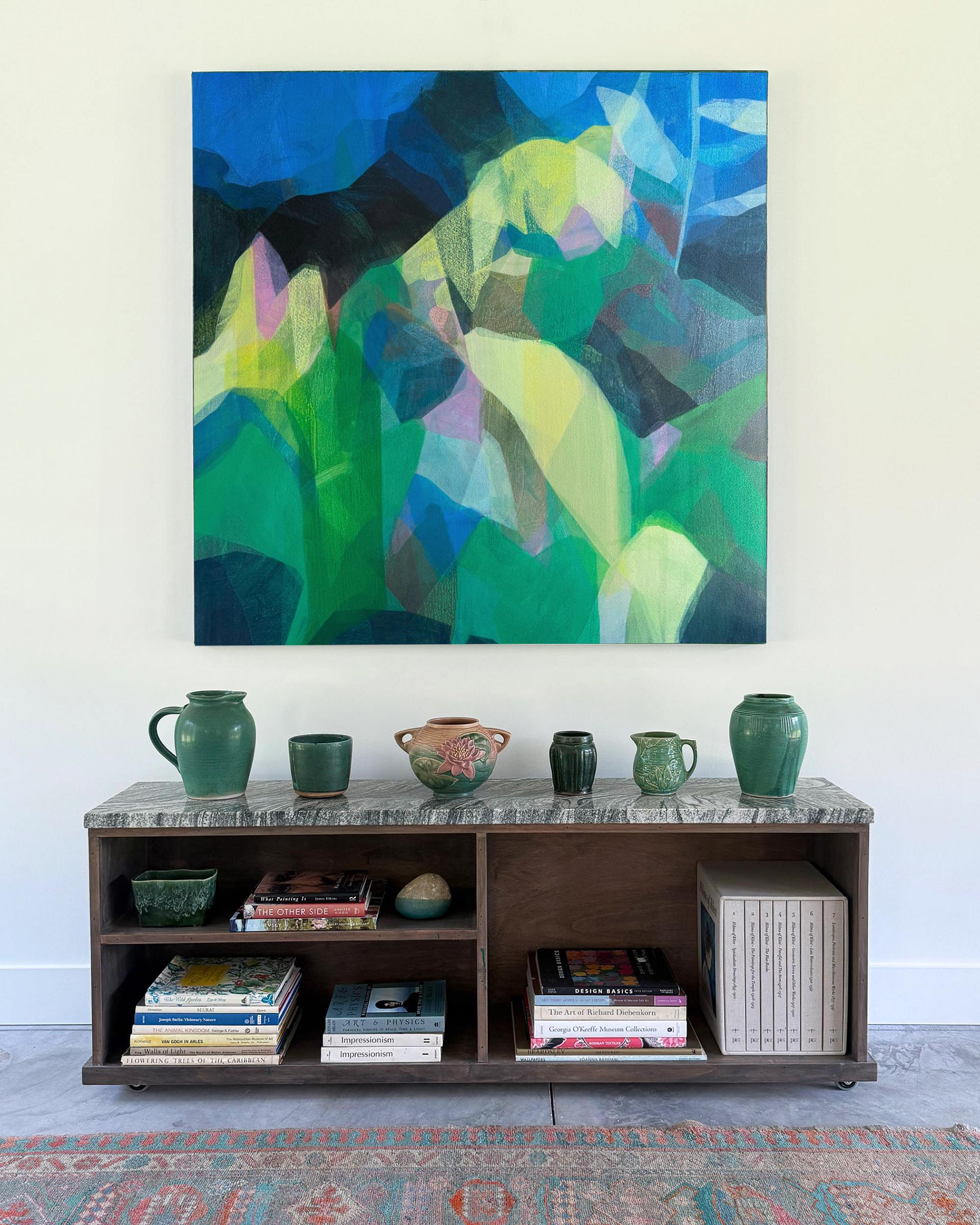 This painting is an abstract landscape on canvas featuring yellow, green, blue, black and pink.

Katherine Sandoz is inspired by the work of Helen Frankenthaler, Richard Diebenkorn, Morris Louis, Vincent Van Gogh, Willem de Kooning, Robert