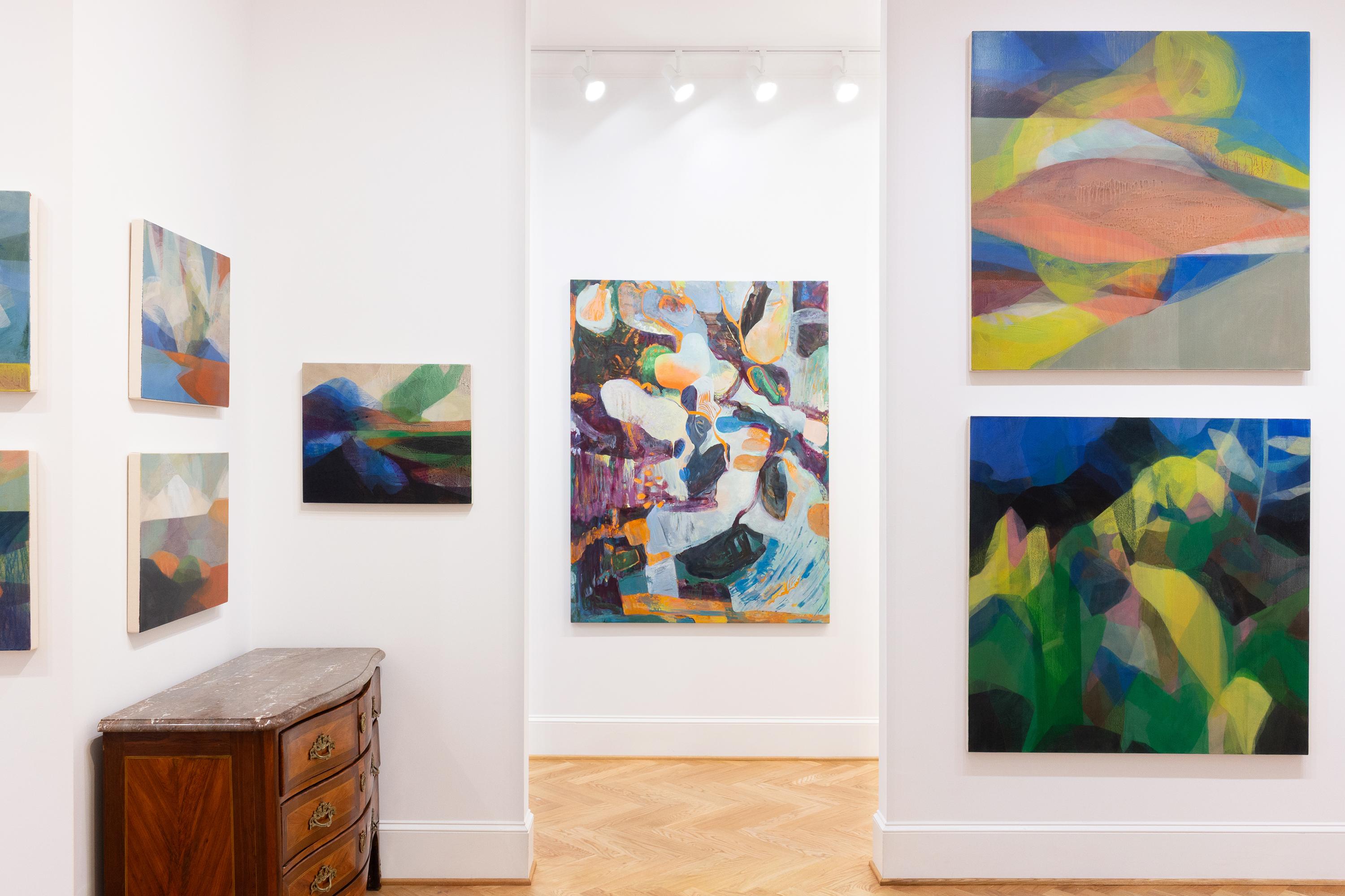 This painting is an abstract landscape on canvas featuring yellow, blue, pink and grey.

Katherine Sandoz is inspired by the work of Helen Frankenthaler, Richard Diebenkorn, Morris Louis, Vincent Van Gogh, Willem de Kooning, Robert Motherwell and