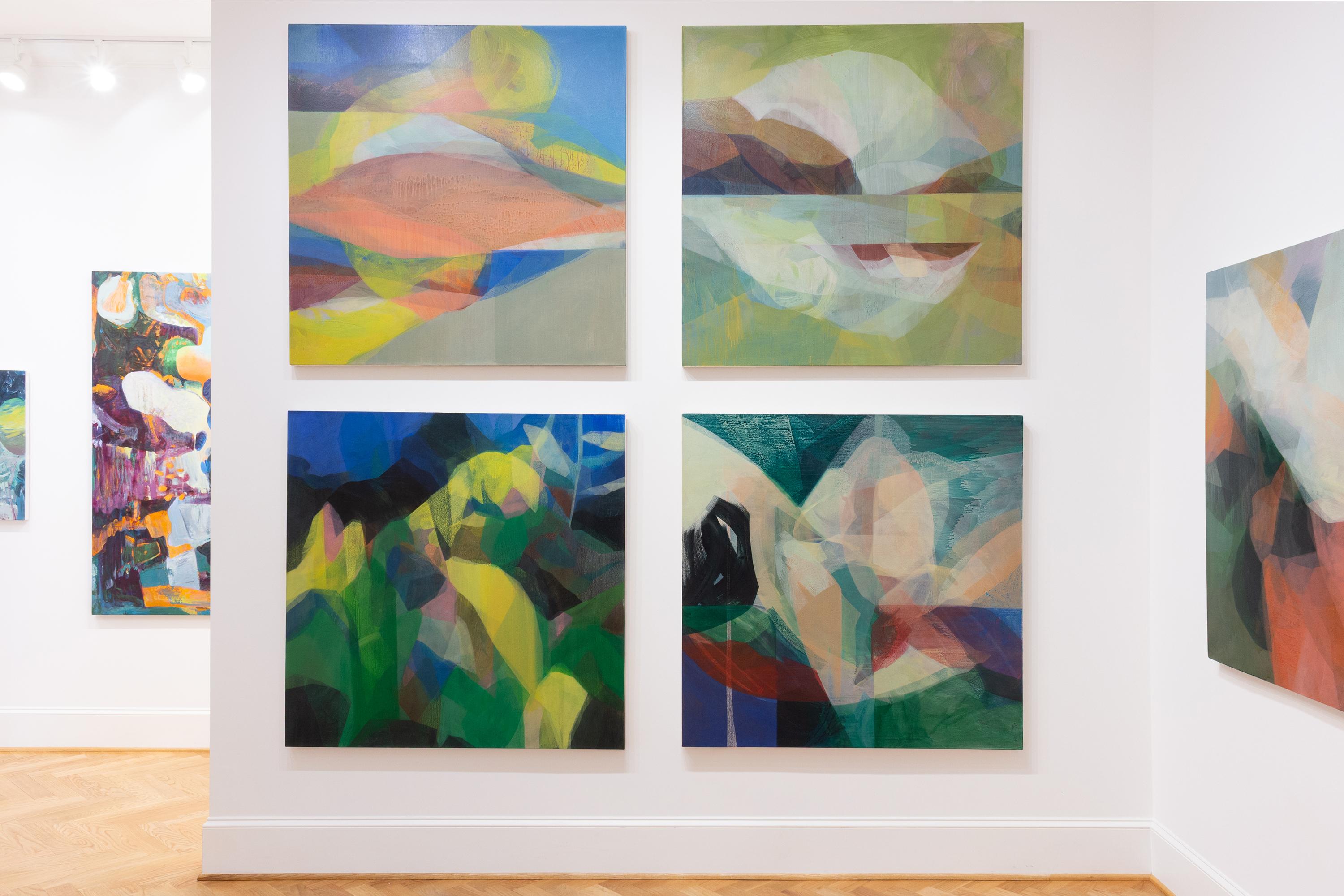 This painting is an abstract landscape on canvas featuring blue, red, green and white.

Katherine Sandoz is inspired by the work of Helen Frankenthaler, Richard Diebenkorn, Morris Louis, Vincent Van Gogh, Willem de Kooning, Robert Motherwell and