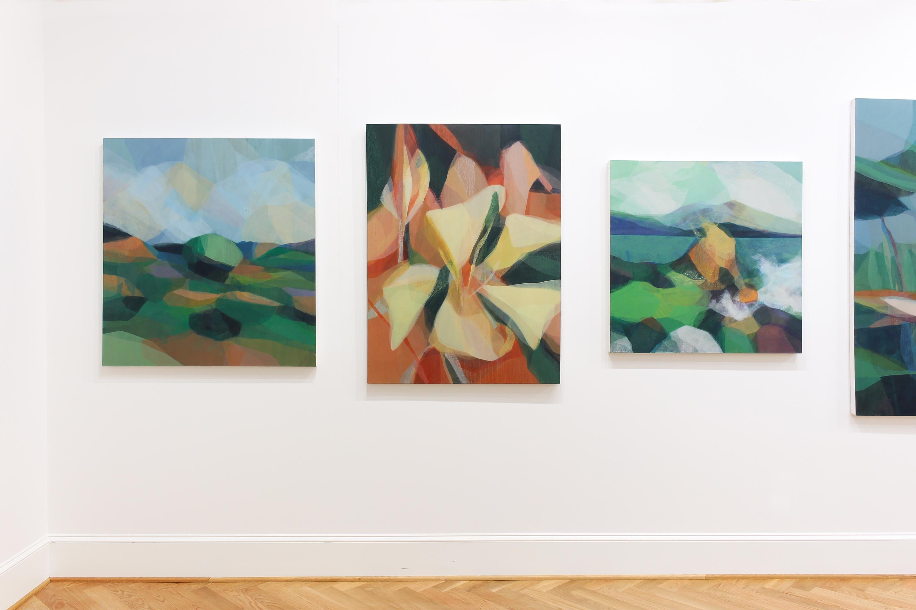 Este cuadro es un paisaje abstracto sobre lienzo con capas vibrantes y oscuras de verde, amarillo, naranja y azul.

Katherine Sandoz se inspira en la obra de Helen Frankenthaler, Richard Diebenkorn, Morris Louis, Vincent van Gogh, Willem de Kooning,