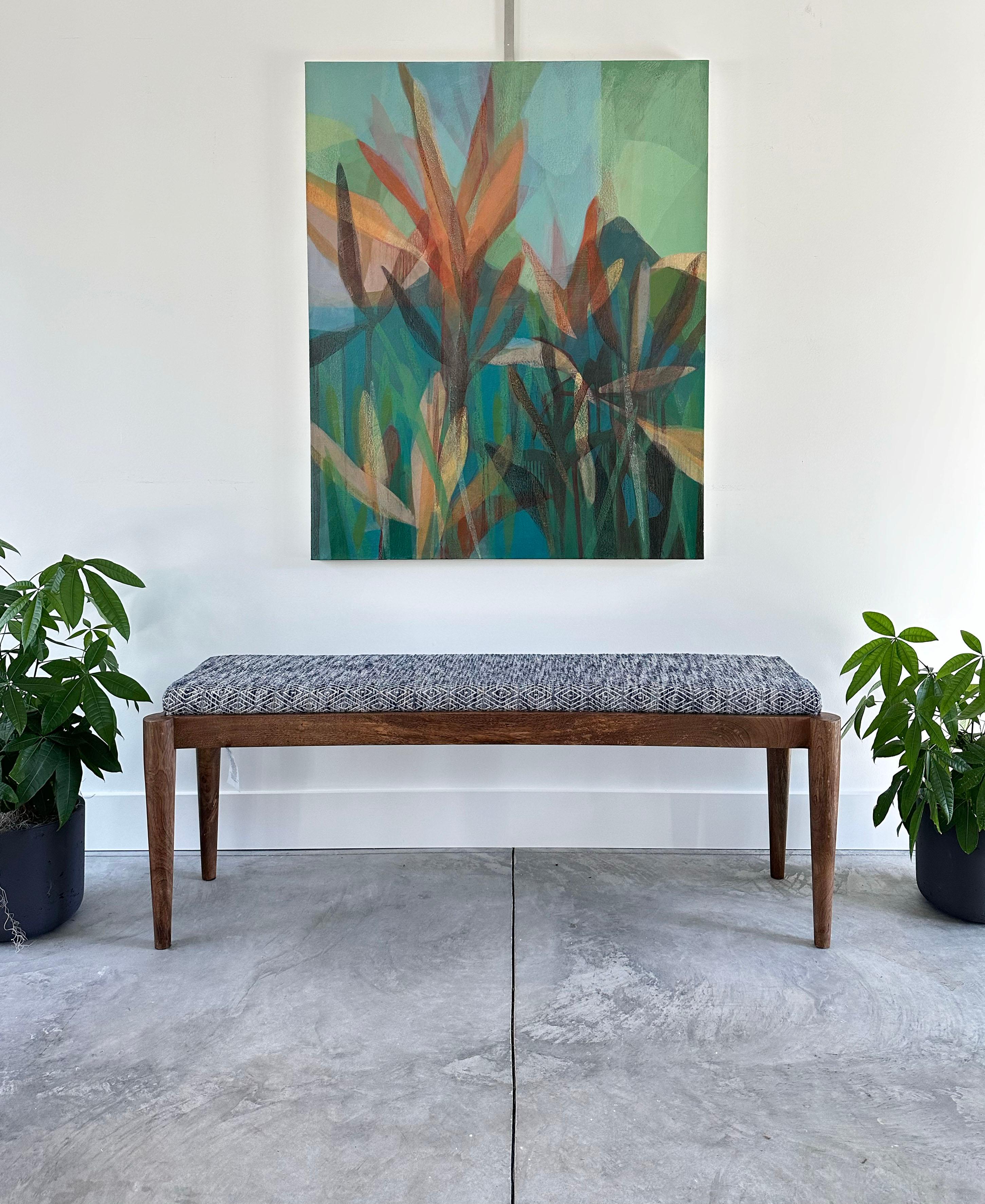 This painting is an abstract landscape on canvas featuring vibrant and dark layers of green, yellow, orange and blue.

Katherine Sandoz is inspired by the work of Helen Frankenthaler, Richard Diebenkorn, Morris Louis, Vincent Van Gogh, Willem de