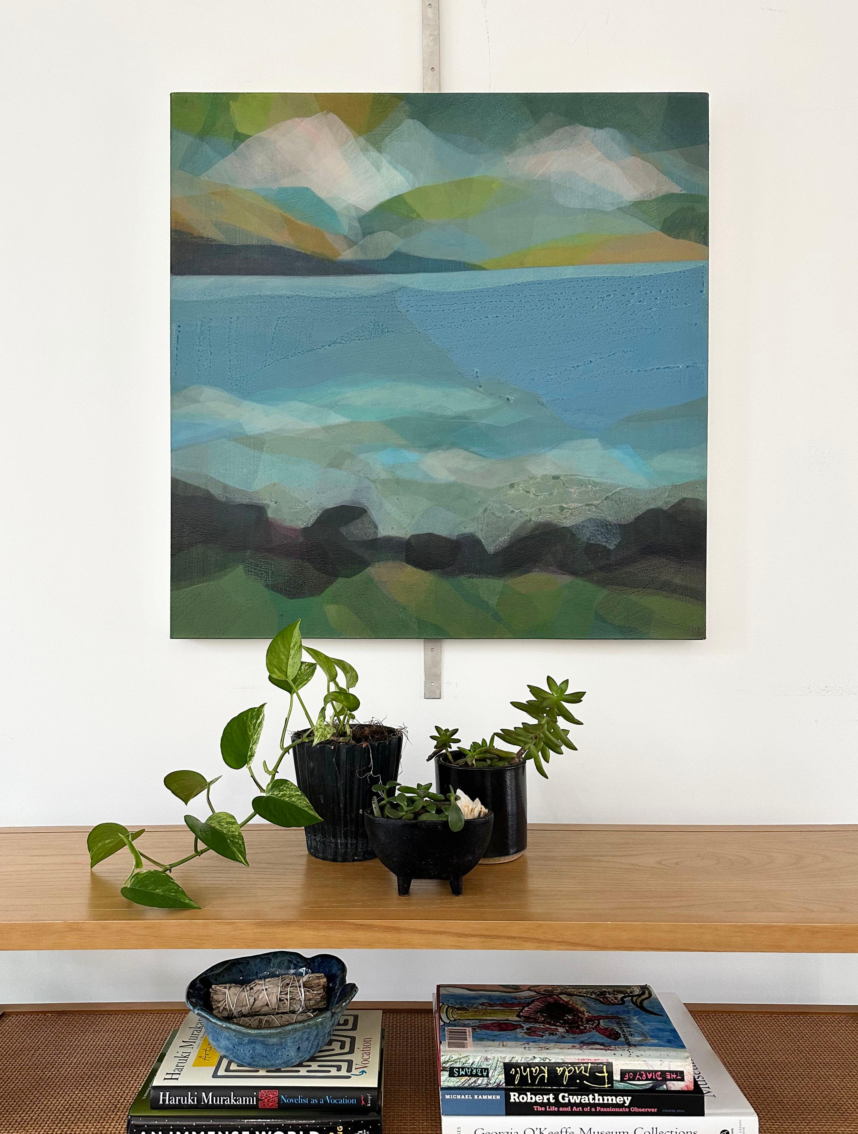 This painting is an abstract landscape on canvas featuring vibrant and dark layers of green, yellow, orange and blue.

Katherine Sandoz is inspired by the work of Helen Frankenthaler, Richard Diebenkorn, Morris Louis, Vincent Van Gogh, Willem de