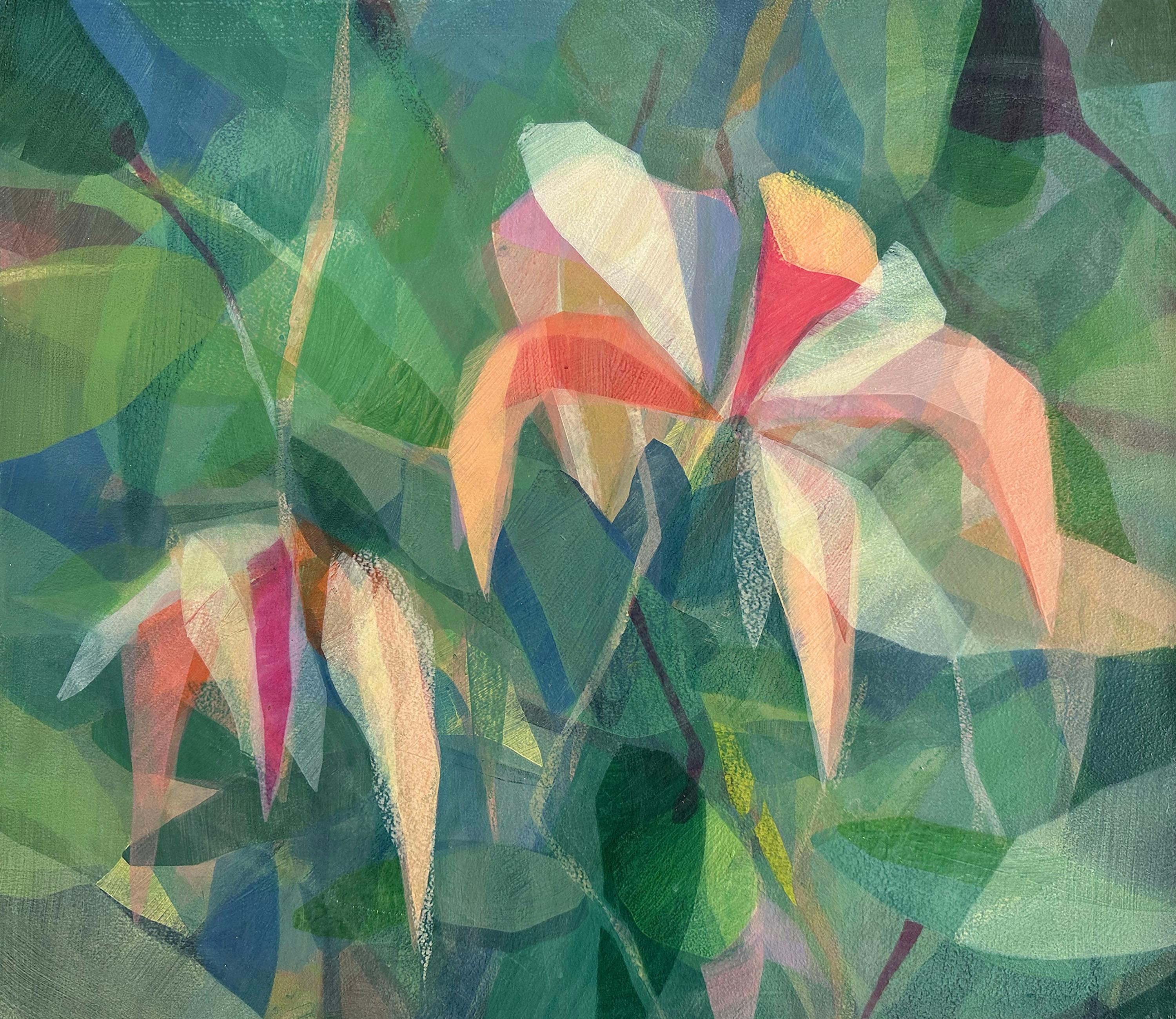 Abstract Painting di Katherine Sandoz - "(uhuru) tree orchid" - botanica astratta, colori saturi, verde, paesaggio