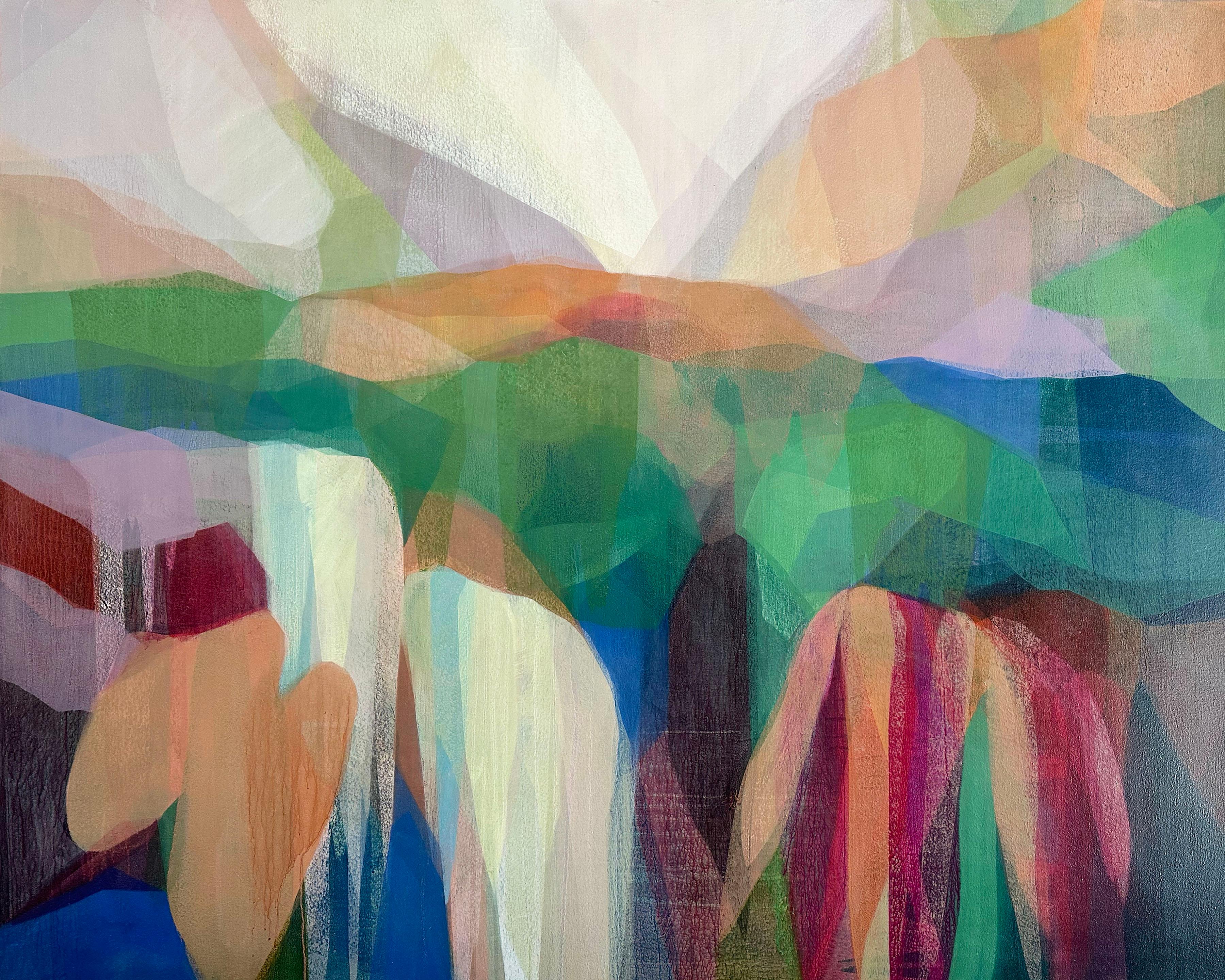 Katherine Sandoz Abstract Painting - "(uhuru) waterfall at road to hana no. 2" - abstract landscape, colorful, water