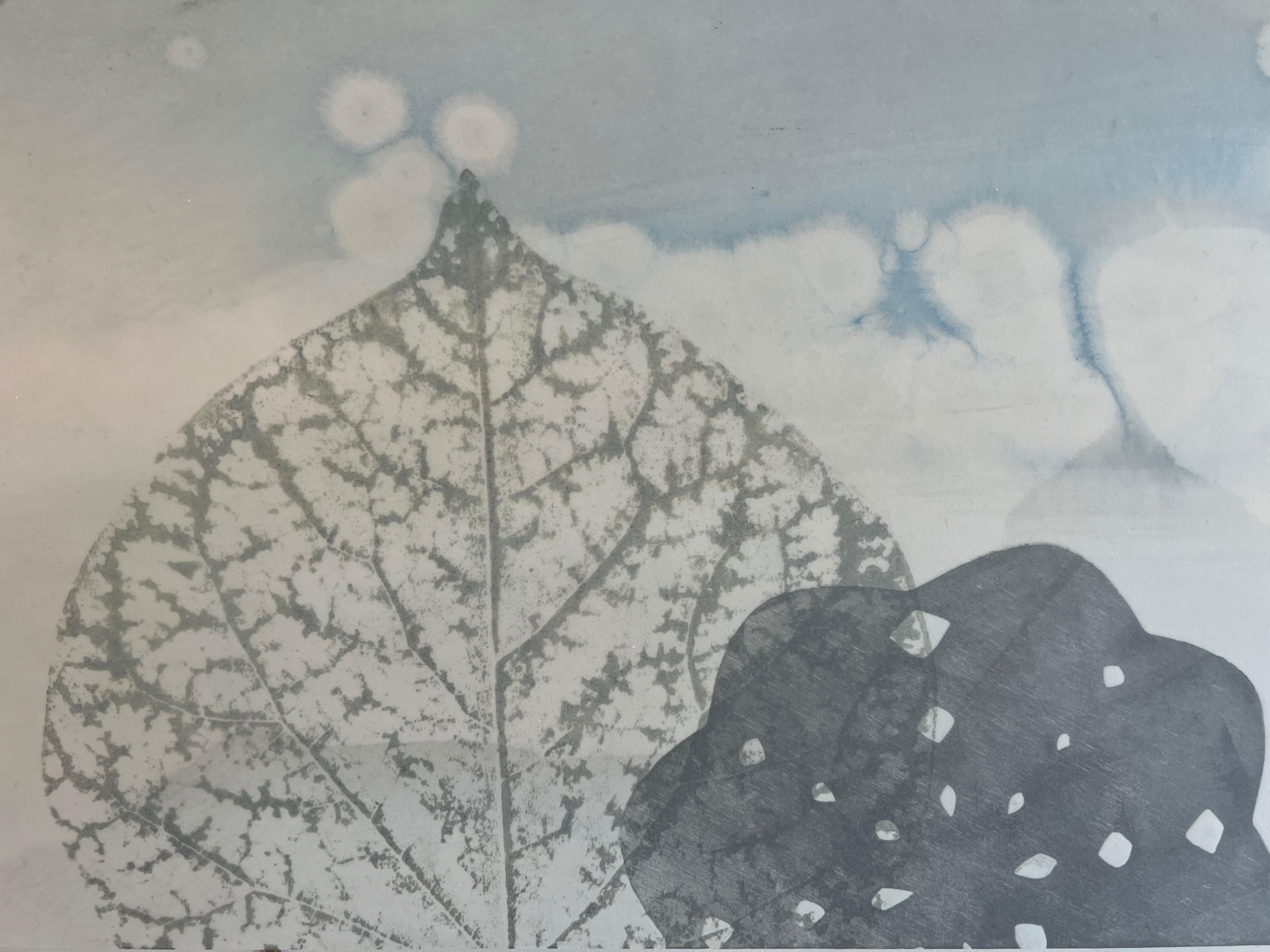 Blue Skies 4 by Katherine Warinner Mixed Media on Board Painting with Leaves For Sale 3