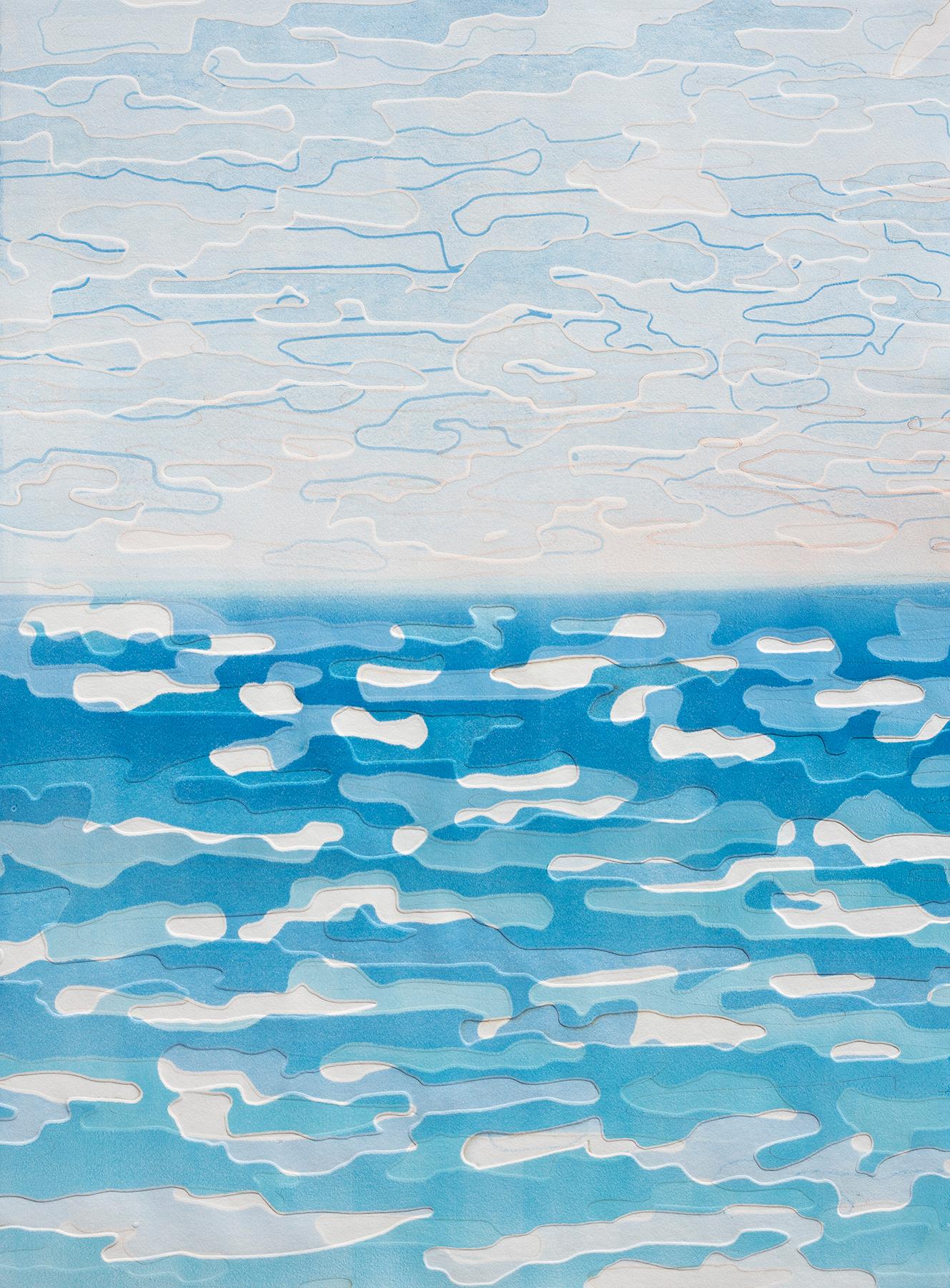 Cloud Ocean 1 di Katherine Warinner Monotipo a rilievo su carta in blu