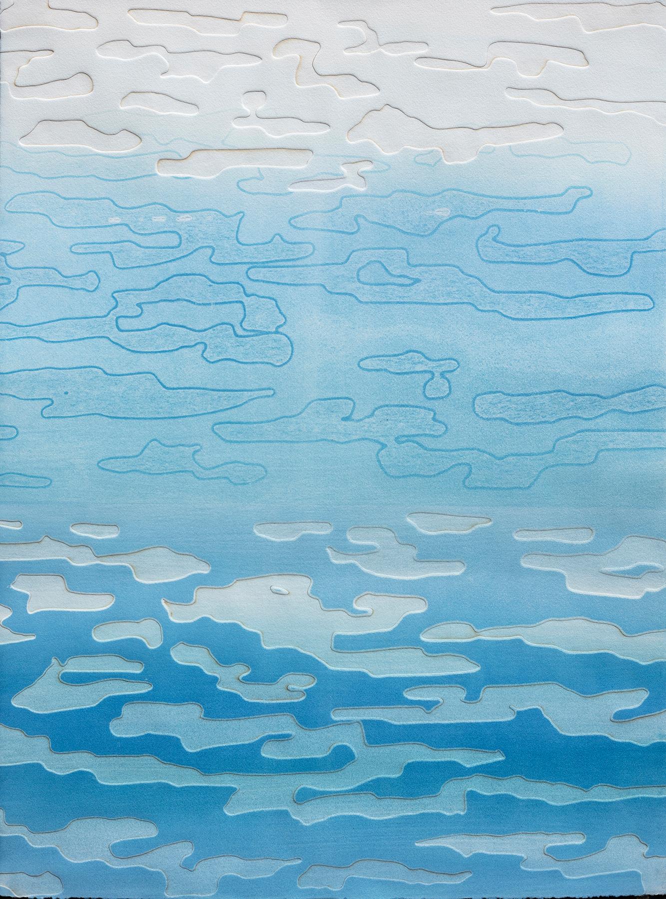 Cloud Ocean 2 di Katherine Warinner Monotipo a rilievo su carta in blu