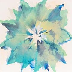 "Blaue Blume 5" - Multi-layered Abstract Flower in Green Yellow Blue