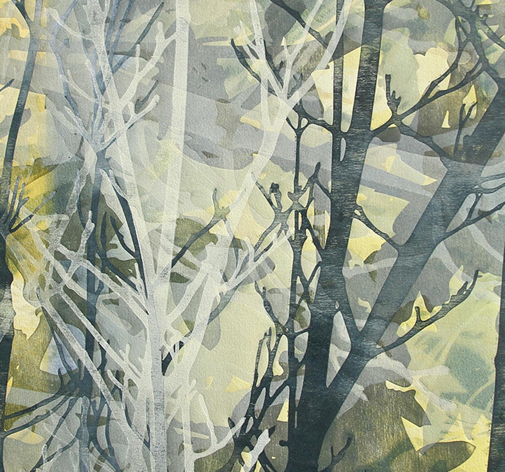 Forest Evening - Relief Monotype Branches in Blues - Print by Katherine Warinner